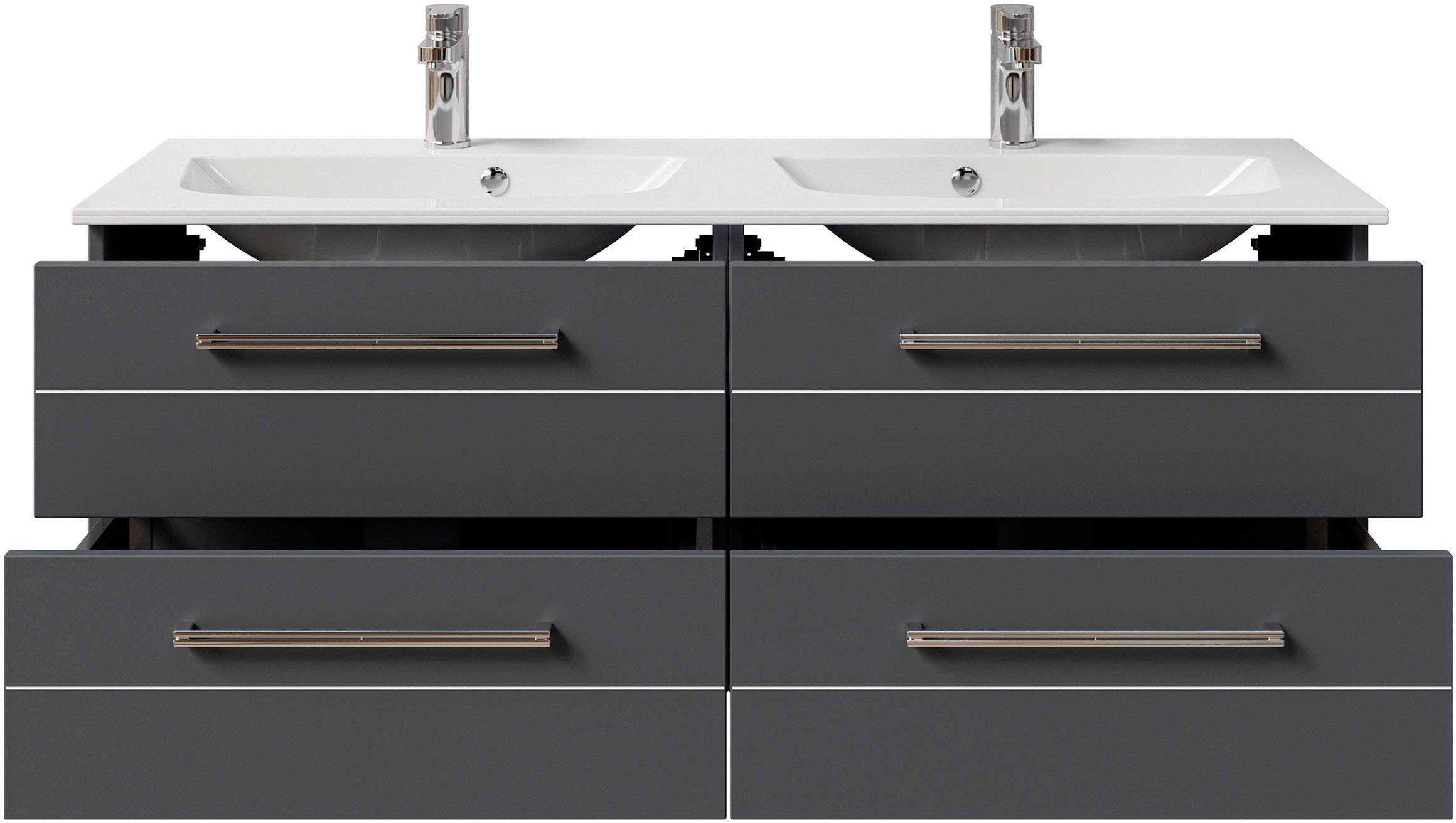 Saphir Wastafelonderkast Serie 6025 mineraalmarmeren wastafel met onderkast, 132 cm breed Dubbele wastafel met 4 lades, hangend, verschillende uitvoeringen (2-delig)