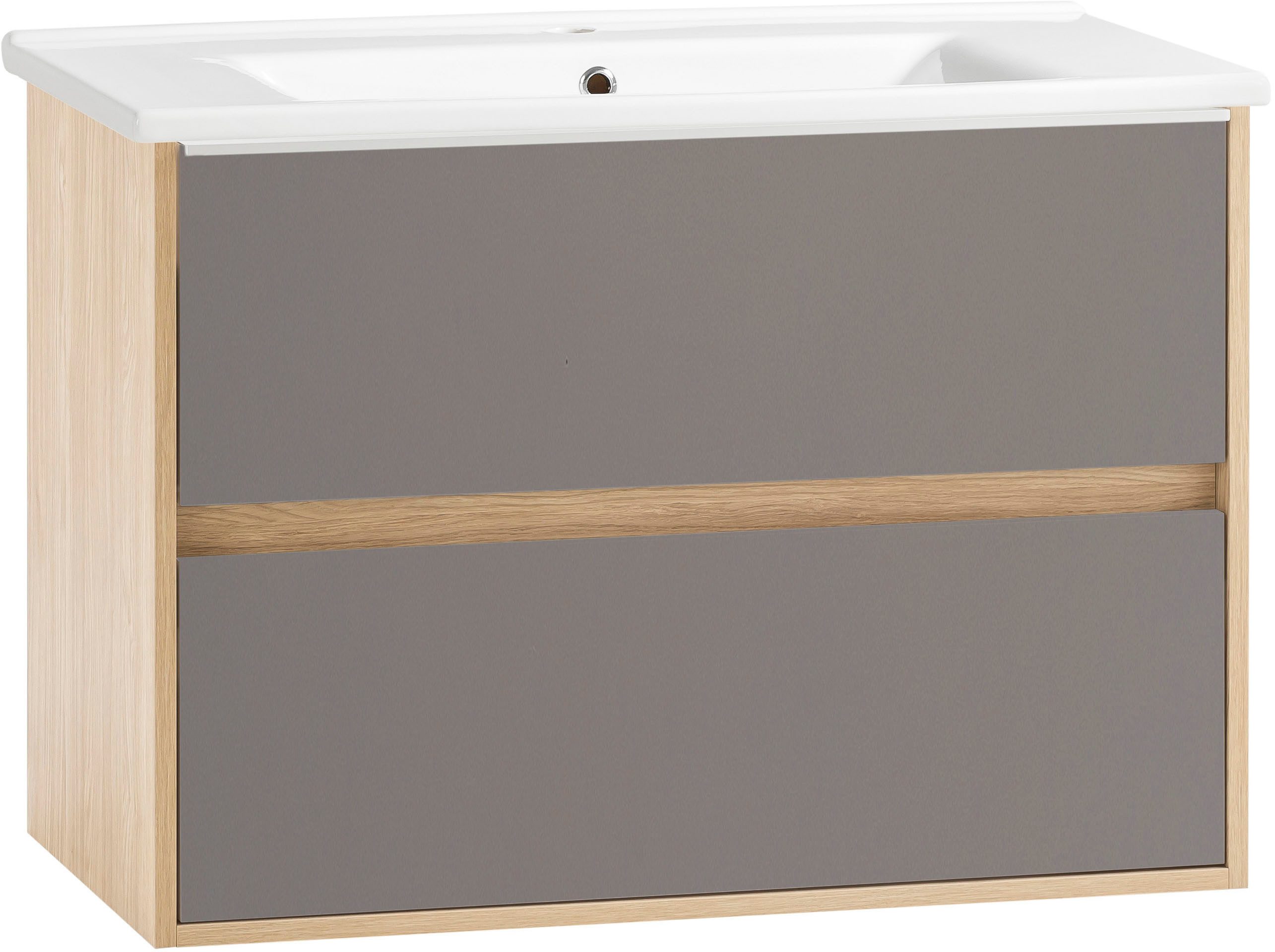 Schildmeyer Wastafelonderkast Mali, breedte 85 cm Houtdecor met voelbare structuur, keramisch bekken wastafelmeubels grijs