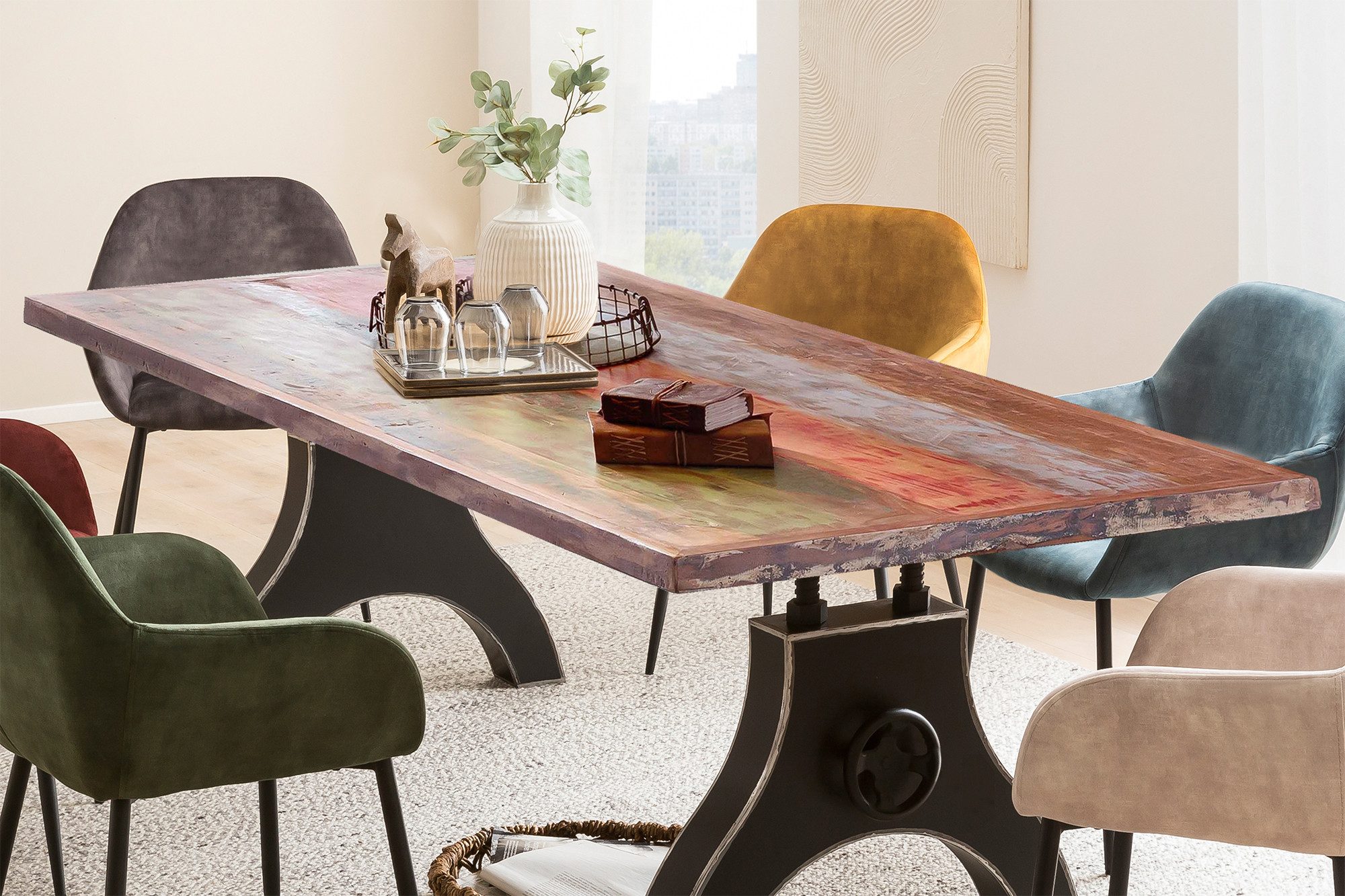 SIT Eettafel Blad van kleurrijk gelakt oud hout