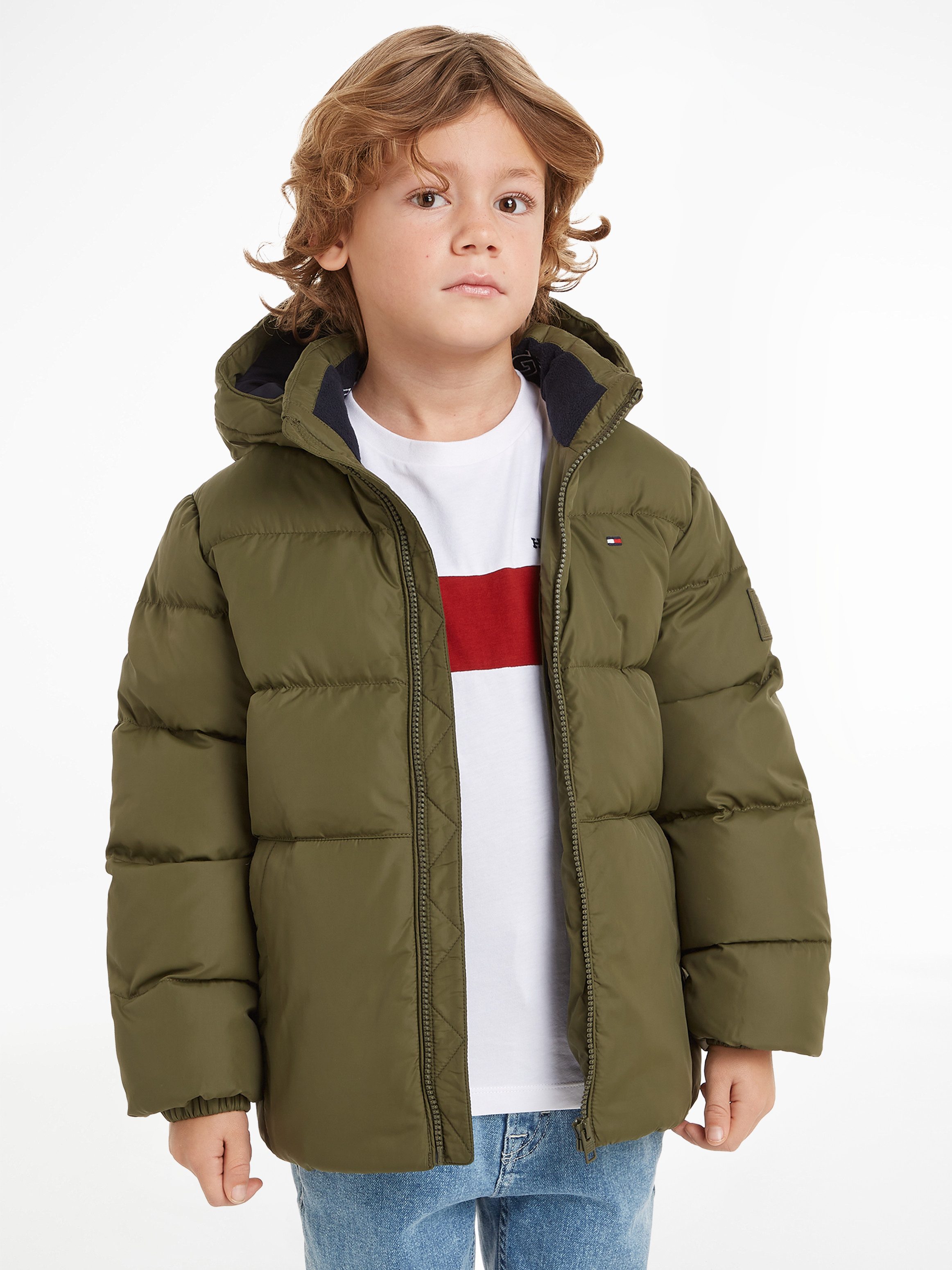 Tommy Hilfiger gewatteerde winterjas ESSENTIAL olijfgroen Jongens Polyester Capuchon 164