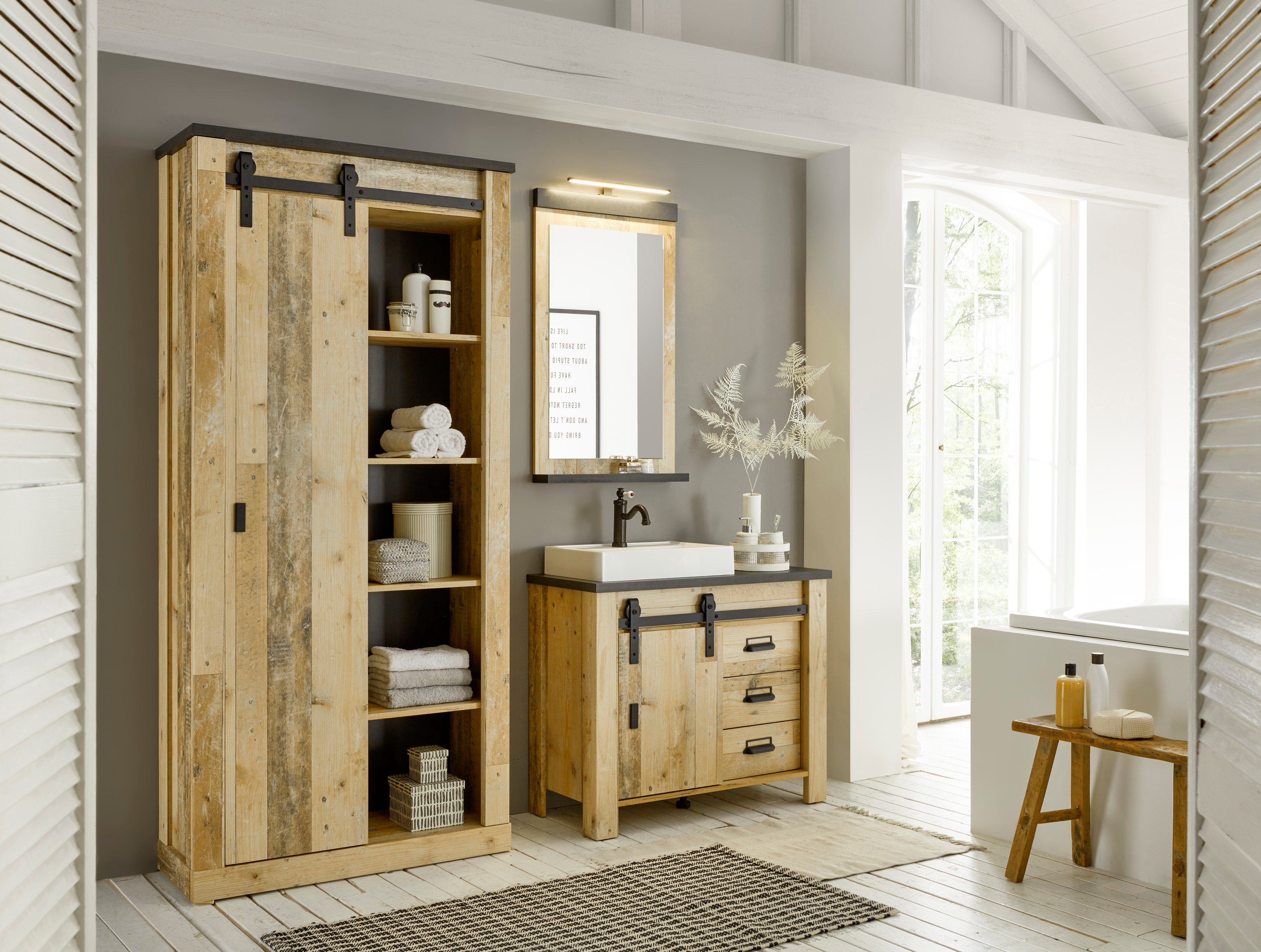 Home affaire Badkamerserie SHERWOOD, Bad im modernen Design, 3-teiliges Badezimmer in houtdecor, met schuurdeurbeslag en apothekersgrepen van metaal (3-delig)
