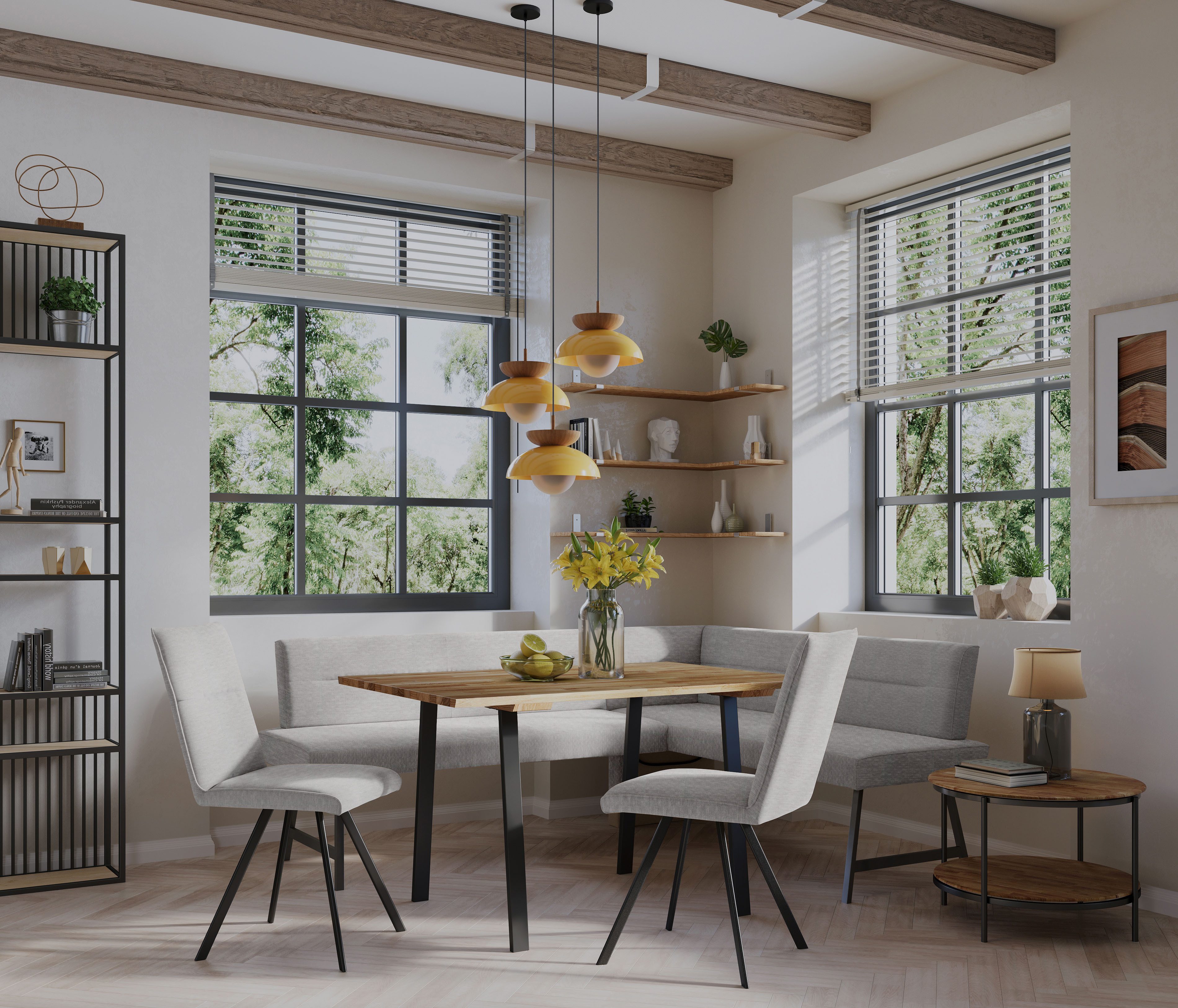 Home affaire Eethoek Sava Hoekbank met nosagvering in de zitting, massief eiken tafel (set, 4-delig)