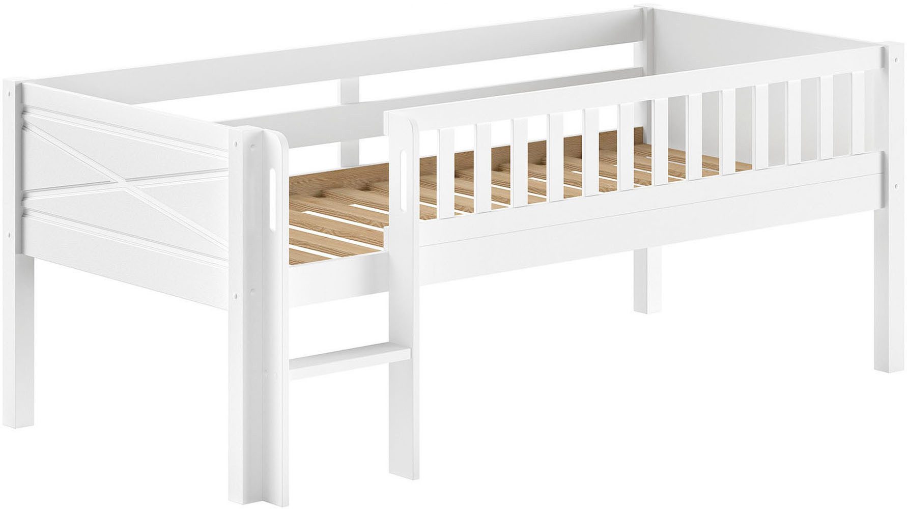 Vipack Speelbed Scott met lage instaphoogte, inclusief ladder en rol-lattenbodem in massief dennenhout, wit 90x200 cm, verkrijgbaar zonder en met rolboxen
