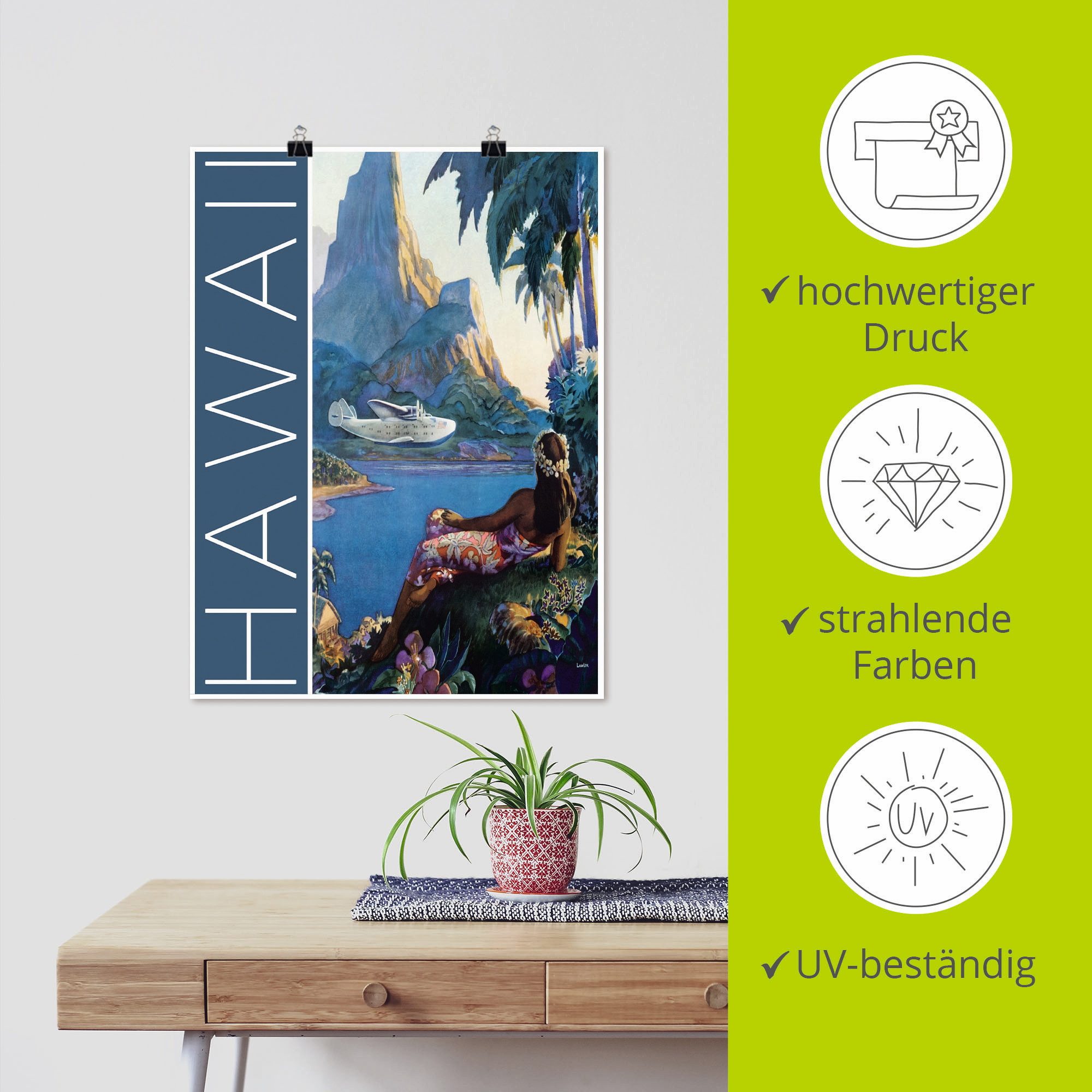 Artland Poster Hawaï Vintage reisaffiche als artprint van aluminium, artprint op linnen, muursticker of poster in verschillende maten