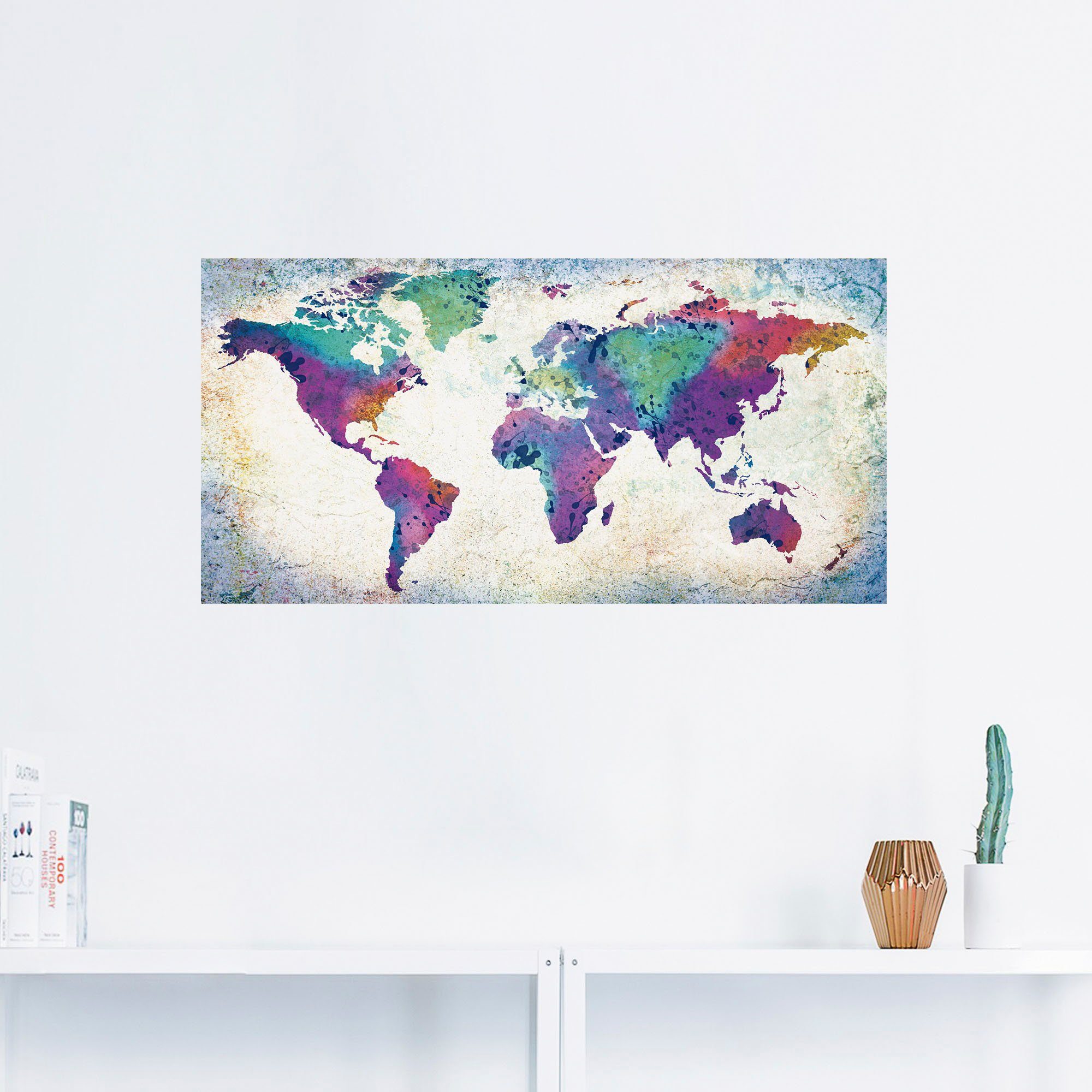 Artland Artprint Veelkleurige wereldkaart als artprint van aluminium, artprint voor buiten, artprint op linnen, poster, muursticker