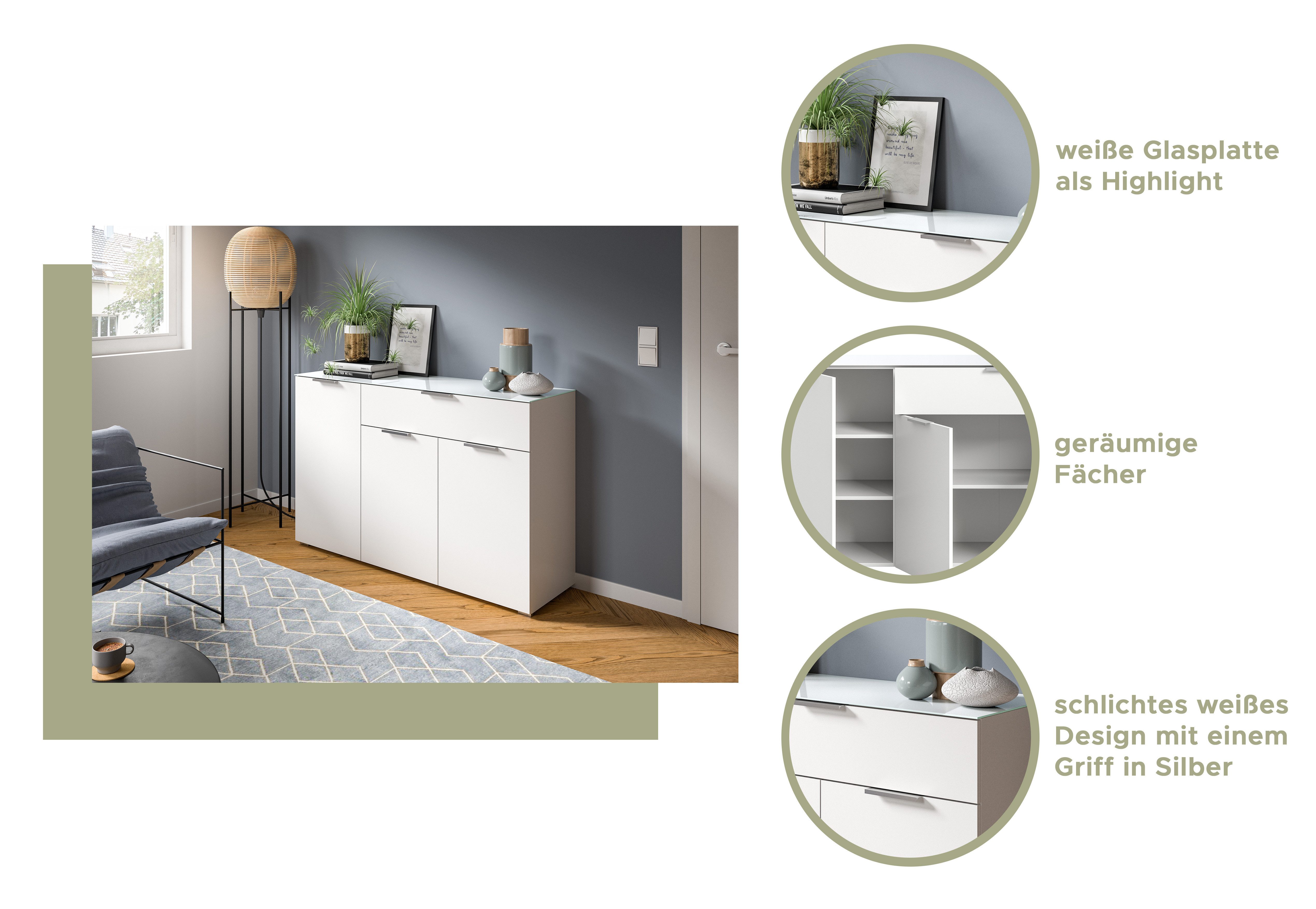 INOSIGN Tv-meubel Raio, Breedte 179 cm, 2 deuren, 2 lades, Bovenblad met glasplaat