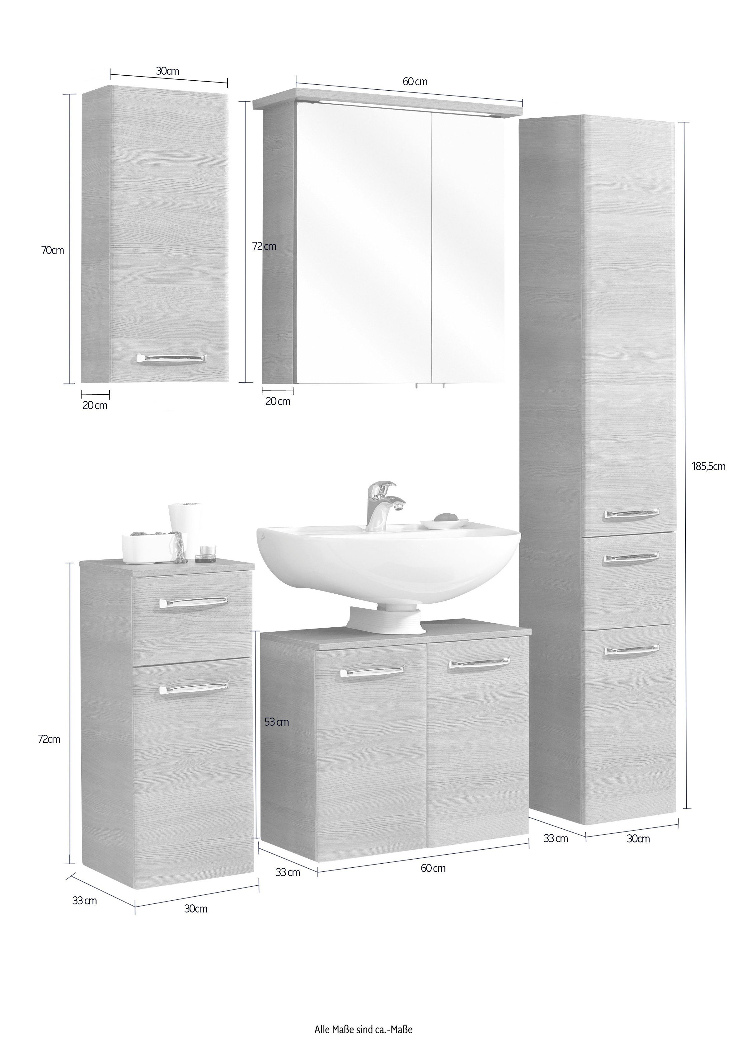Saphir Badkamerserie Quickset 328 5-delig, wastafelonderkast met LED-spiegelkast Badkamer set incl. deurdempers, badkast, zonder wastafel, 8 deuren (5-delig)