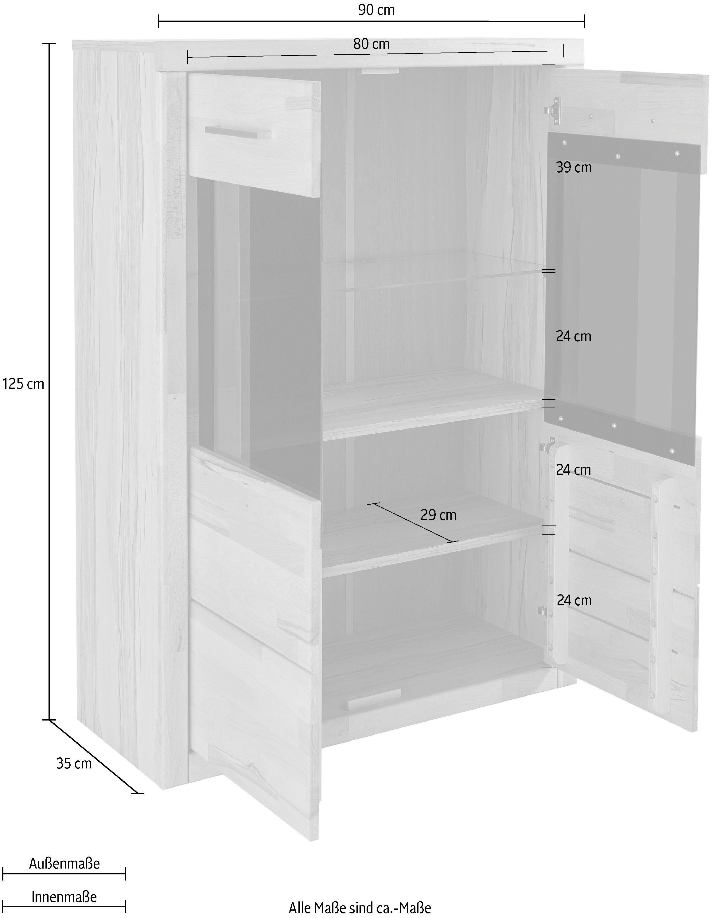 Home affaire Vitrinekast Ribe, 90cm breed, 125cm hoog, fronten massief hout, 4 brede vakken