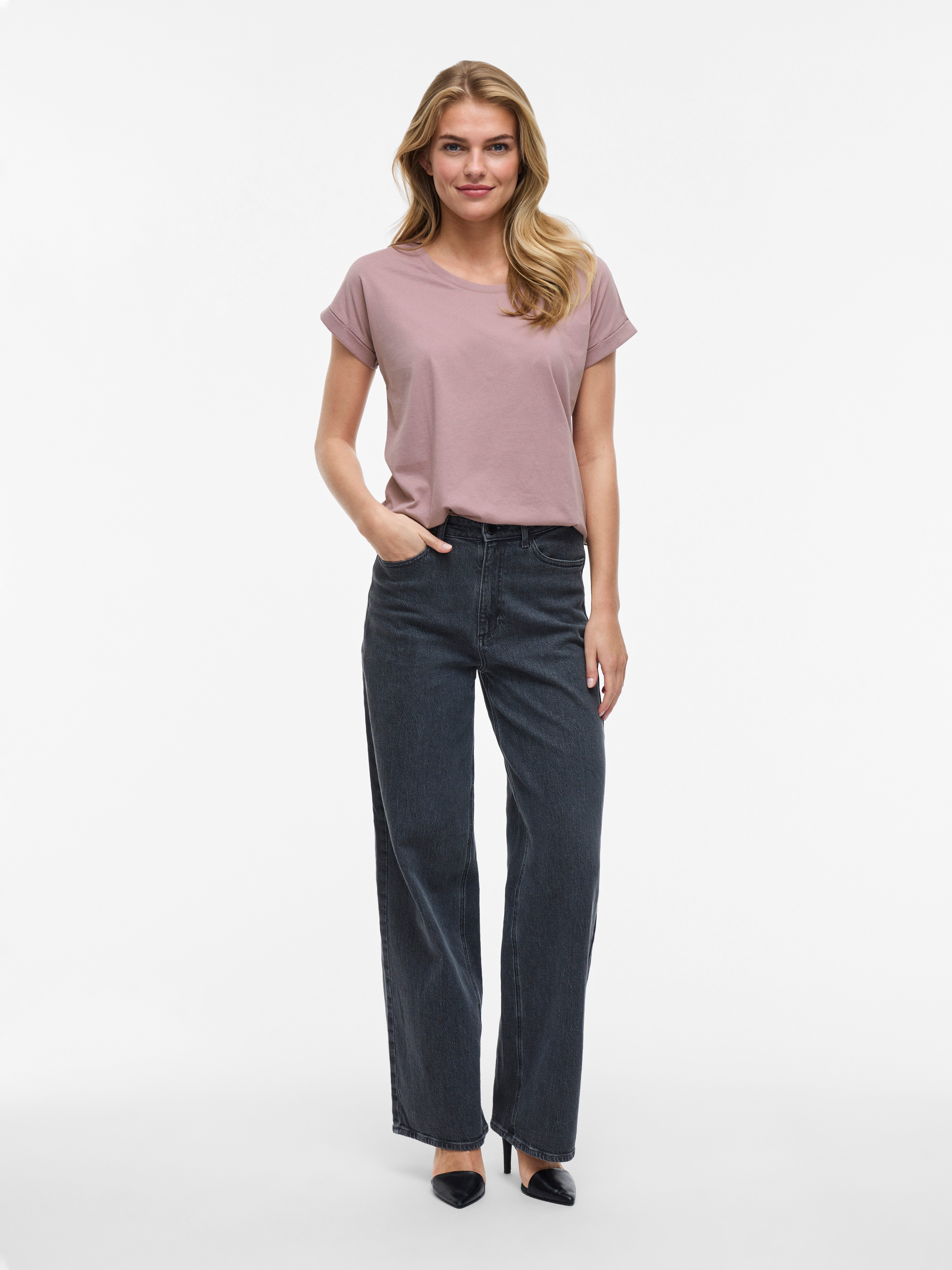 Vila Shirt met ronde hals VIDREAMERS NEW PURE T-SHIRT/SU-NOOS Basic dames T-shirt met ronde hals en omgeslagen mouwen