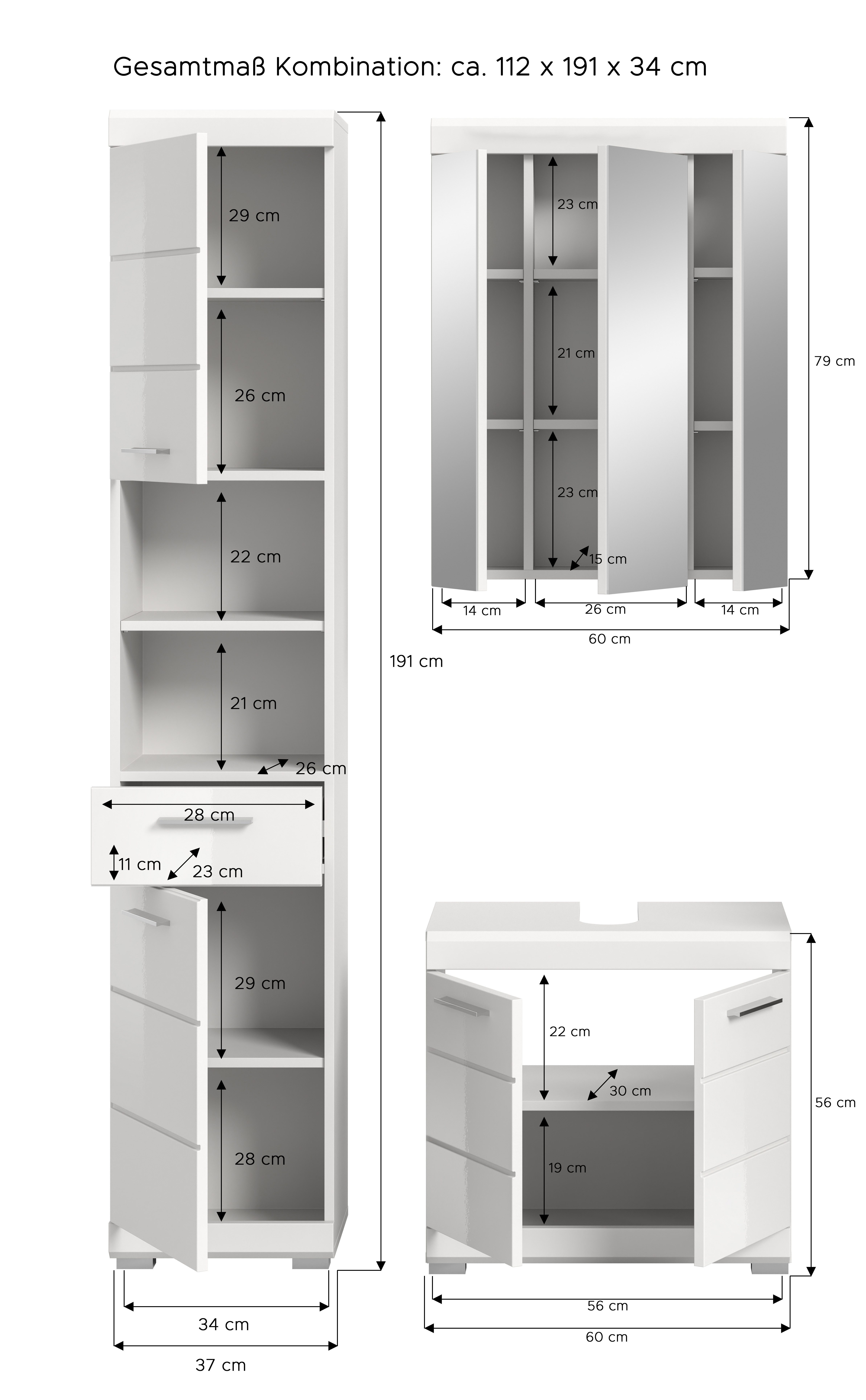 INOSIGN Badkamerserie Siena, 3-delig, bestaande uit: Hoge kast, wastafelonderkast, spiegelkast (set, 3-delig)
