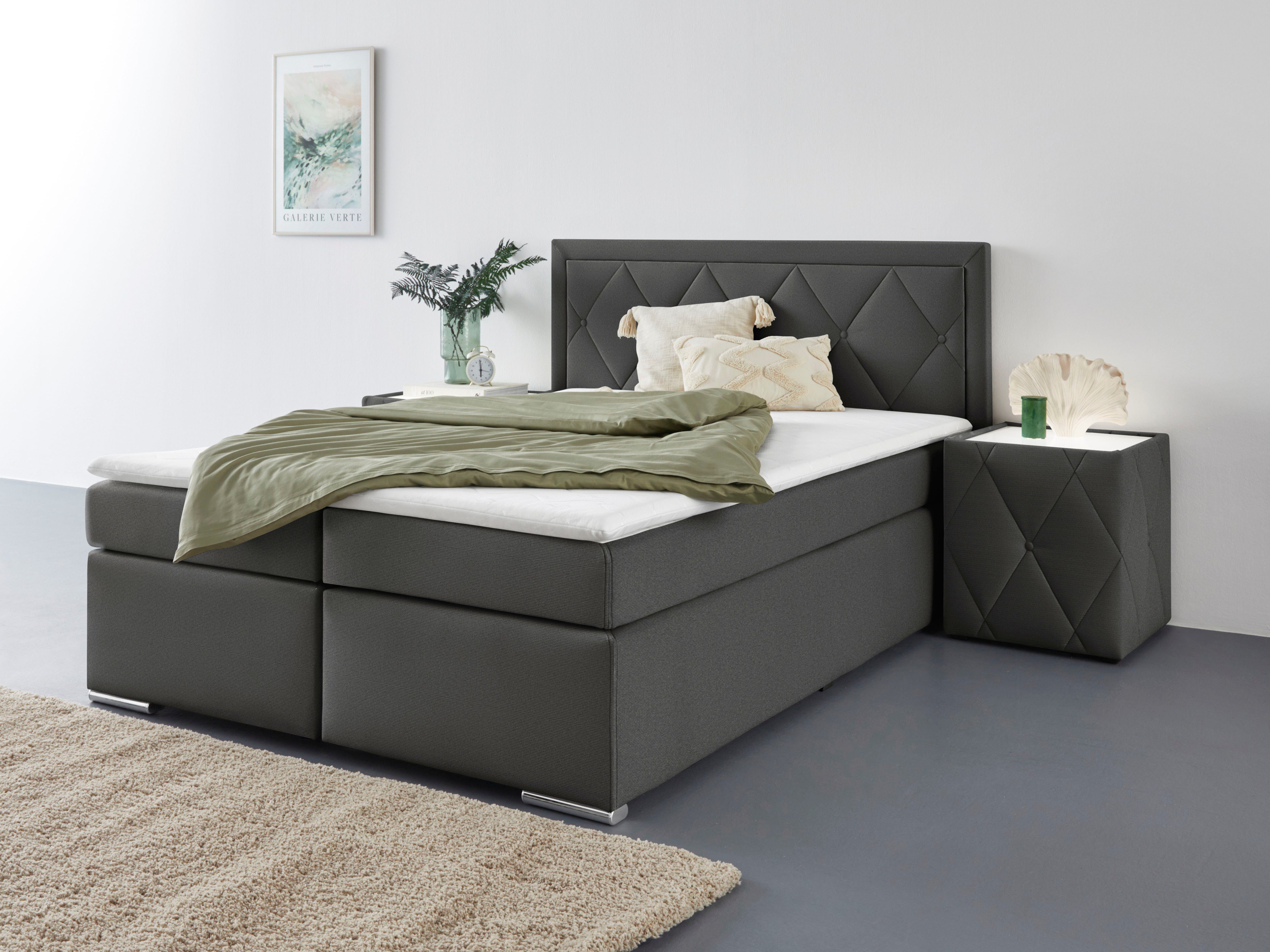 Leonique Boxspring Alfie, bestseller, optioneel met bedlade met capitonnage in het hoofdbord, h2, h3 en h4 ter keuze boxsprings grijs