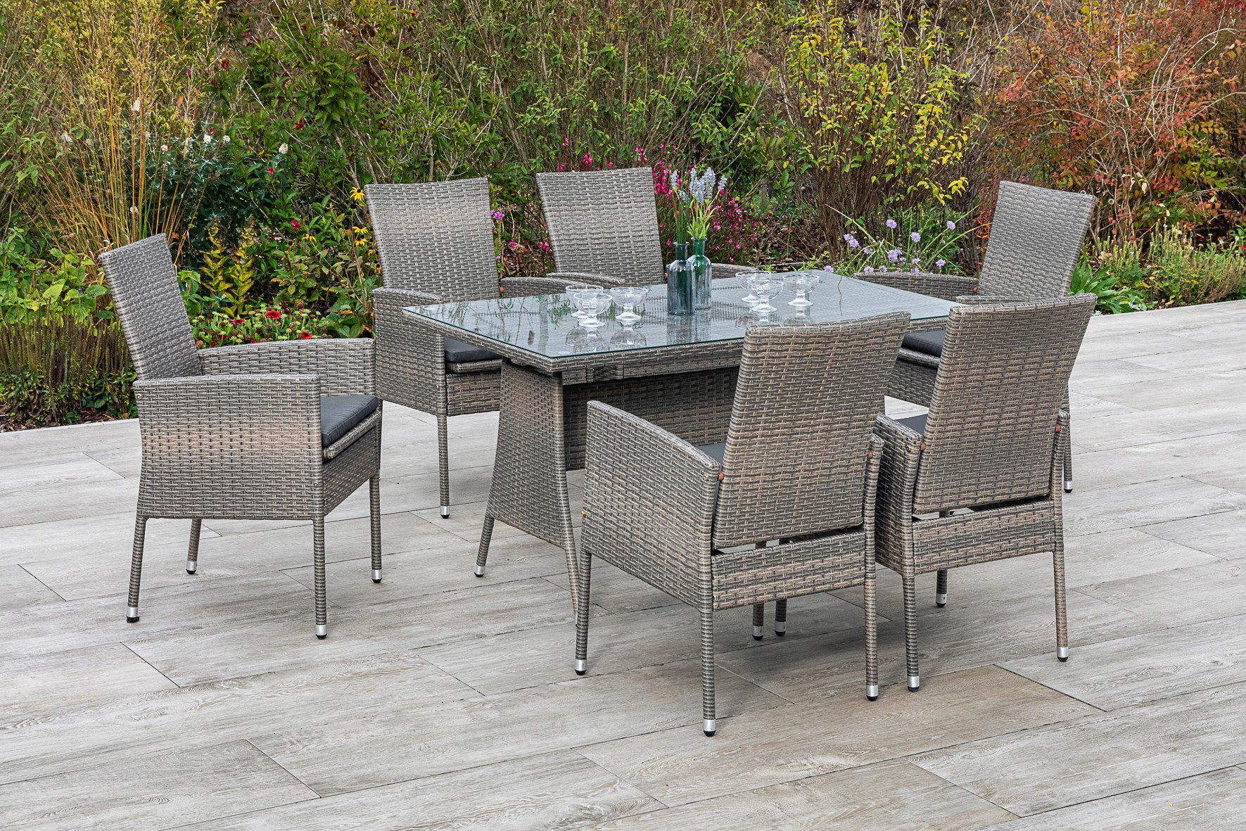 MERXX Tuin-eethoek Sevilla 6 fauteuils met zitkussen, tafel, steenbeige (7-delig)