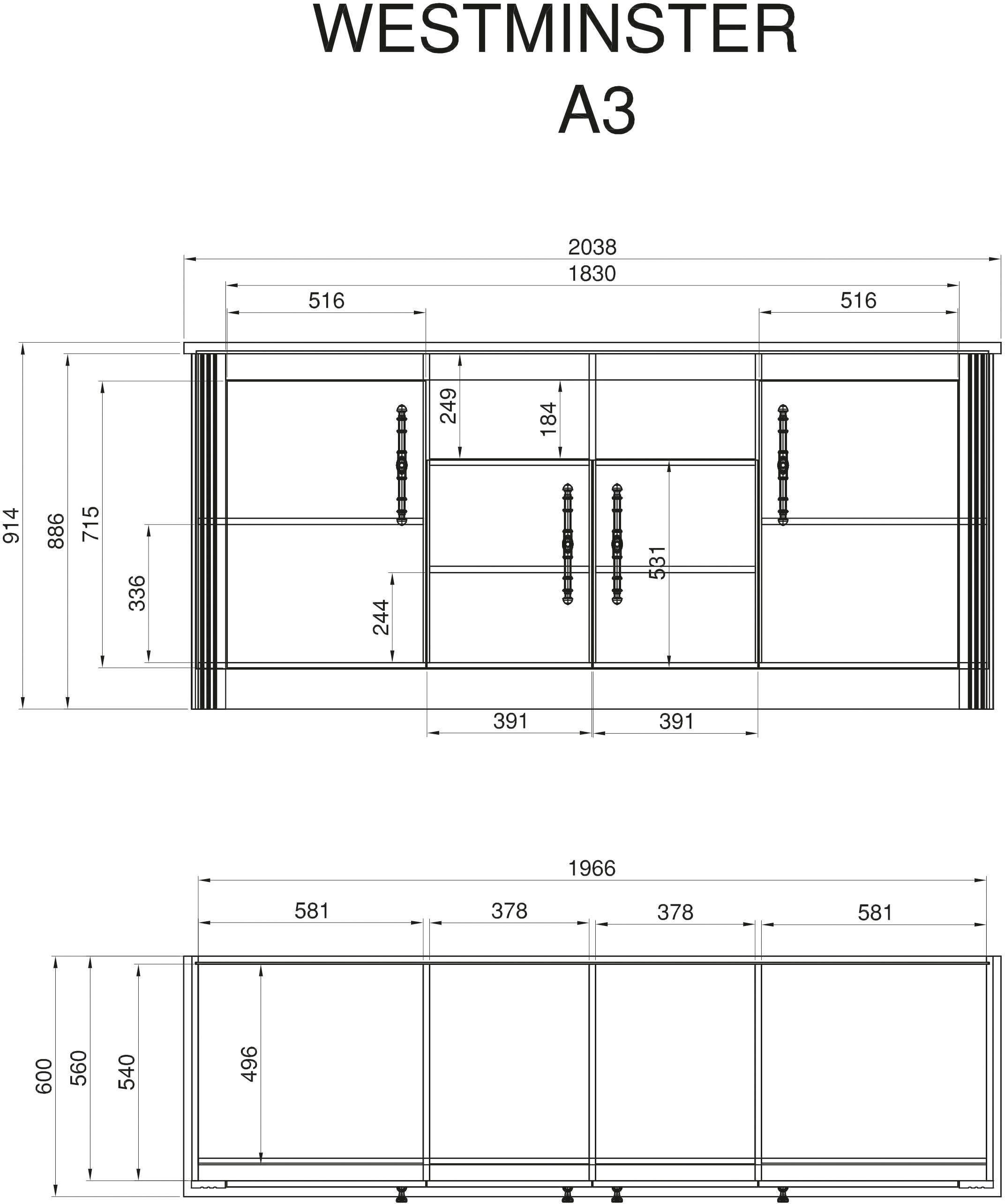 Kochstation Keuken KS-Westminster Breedte 204 cm, zonder elektrische apparaten
