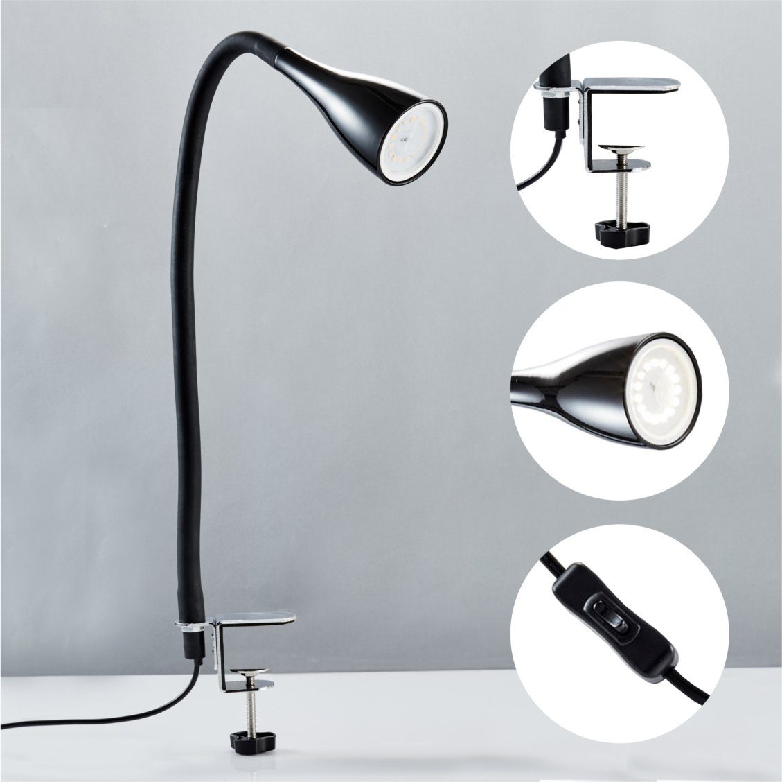 B.K.Licht Led-klemlamp Sirius 3-traps, dimbaar, flexibele gooseneck met siliconen coating