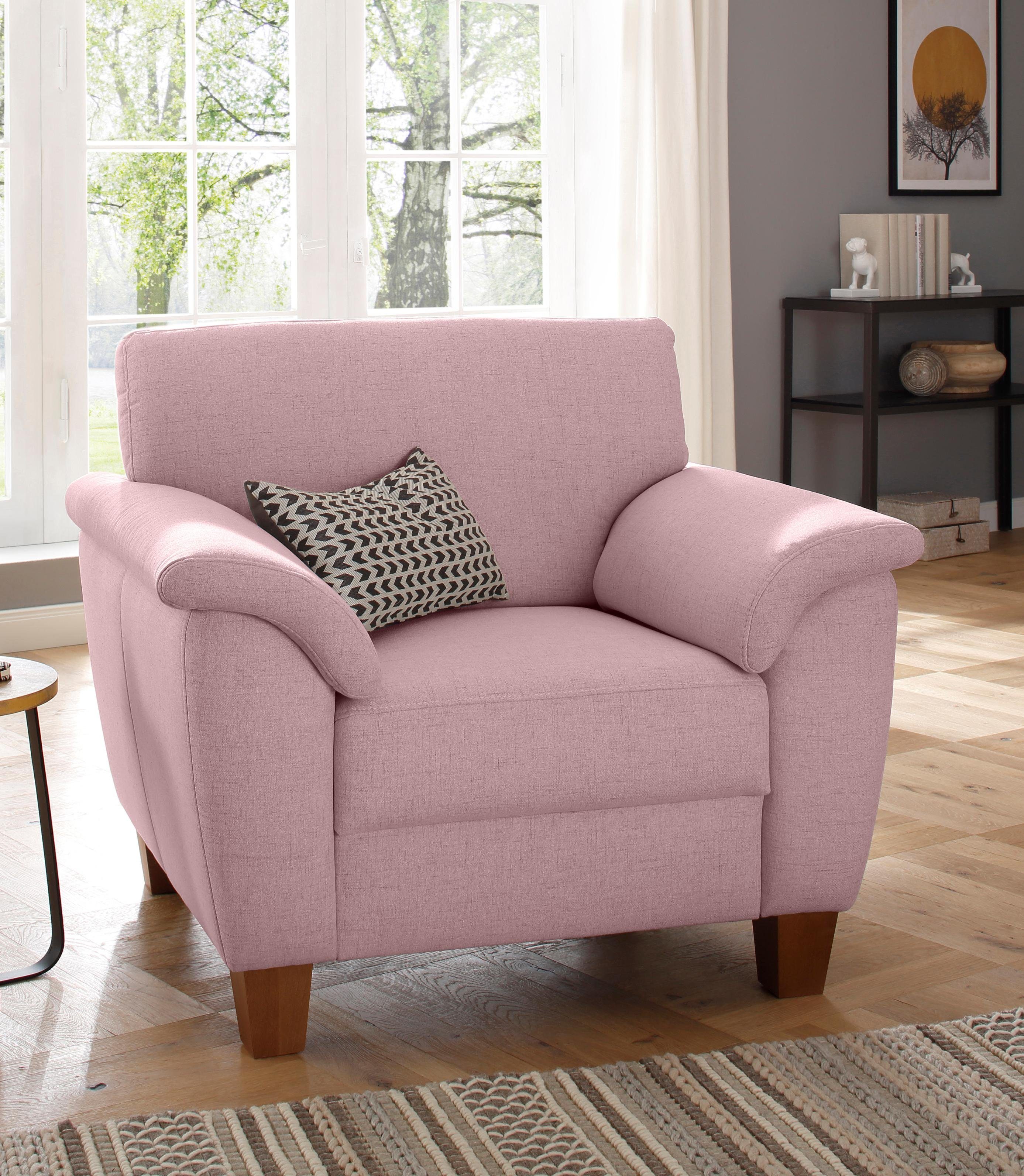 Home affaire Fauteuil Alta met binnenvering en contrastnaad, poten beuken eikenkleur fauteuils roze