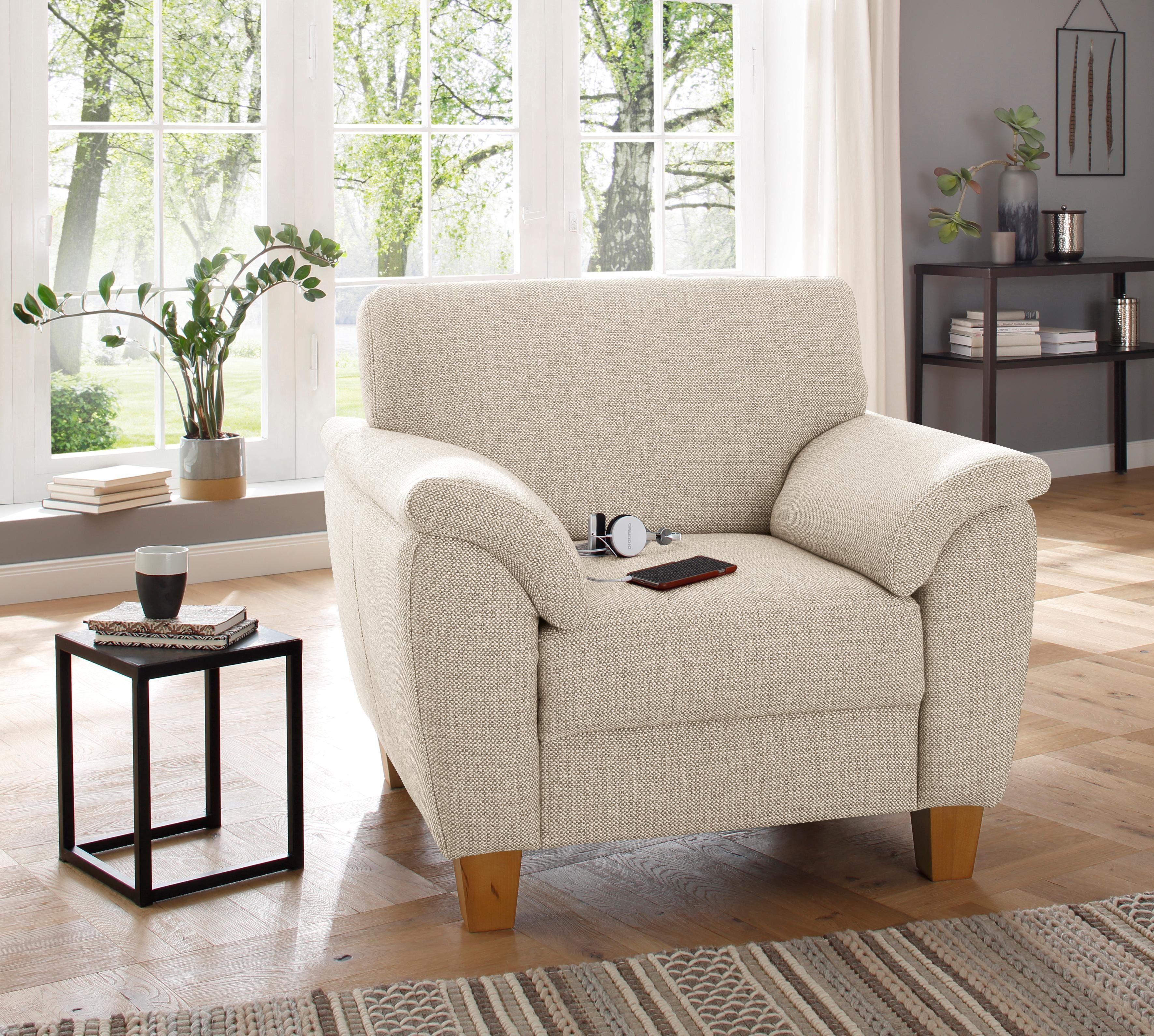 Home affaire Fauteuil Alta met binnenvering en contrastnaad, poten beuken eikenkleur