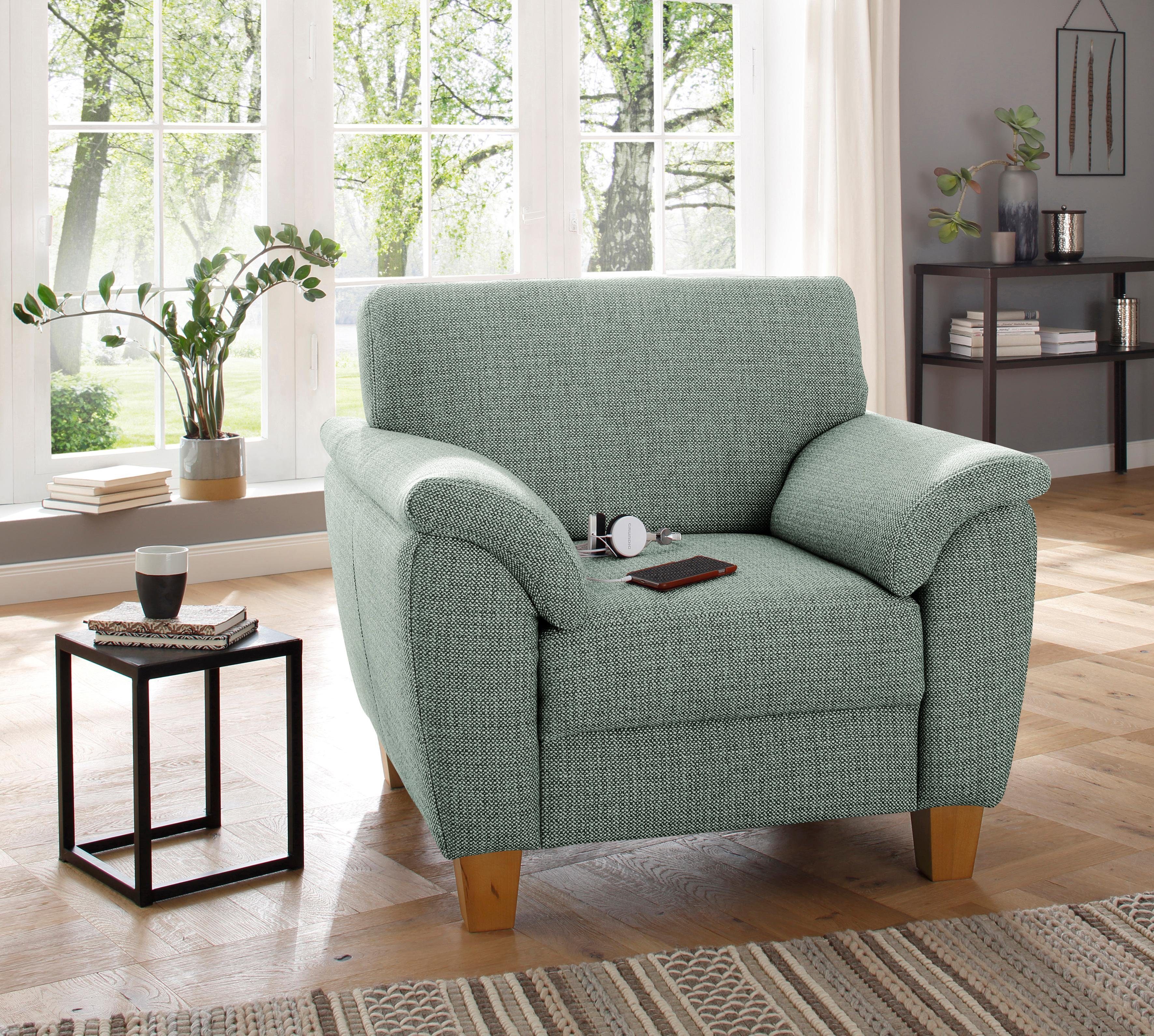 Home affaire Fauteuil Alta met binnenvering en contrastnaad, poten beuken eikenkleur