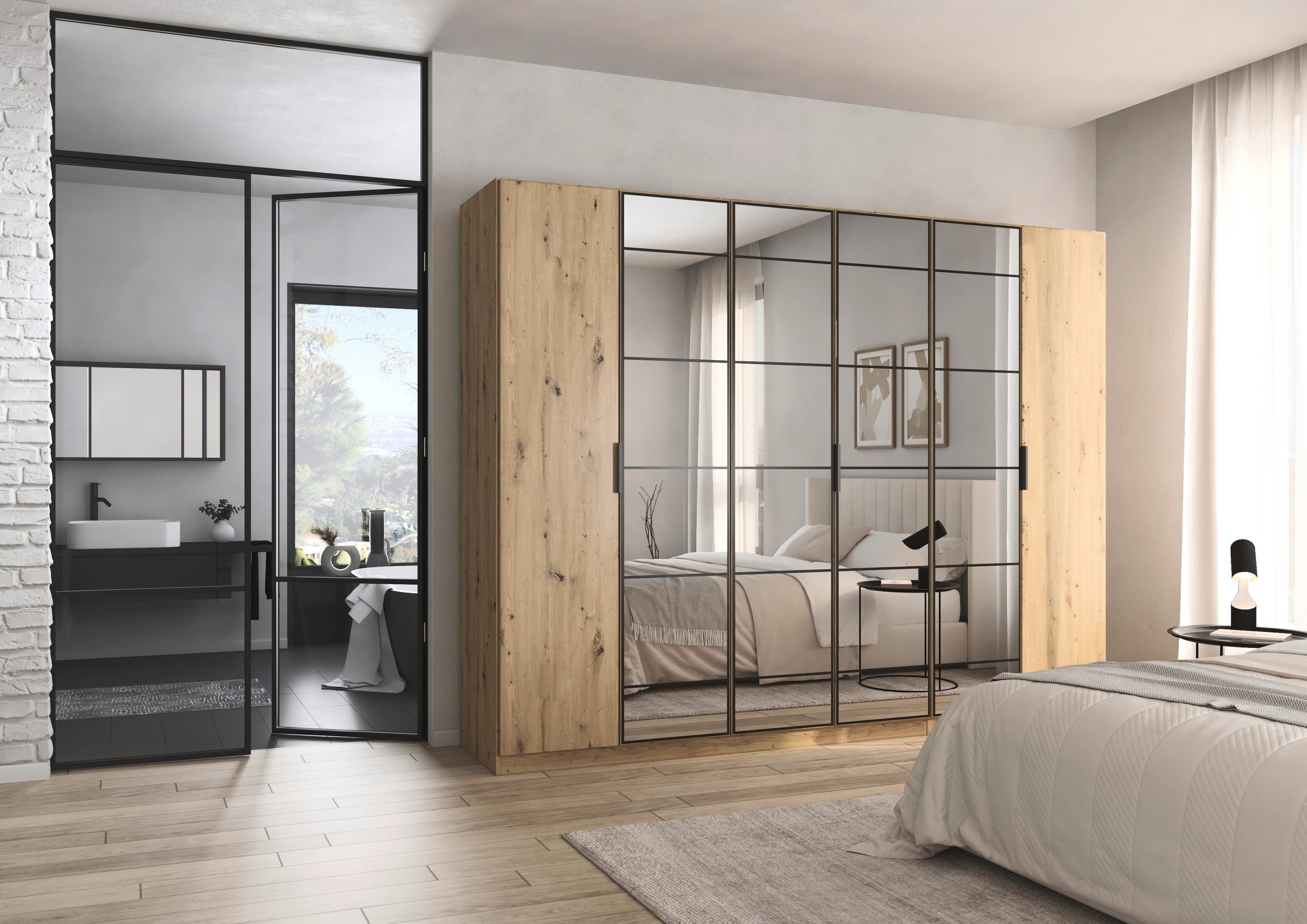 rauch Draaideurkast Kledingkast Kast Garderobe Slaapkamerkast ACERO Middeldeuren met spiegel in moderne loft-look MADE IN GERMANY