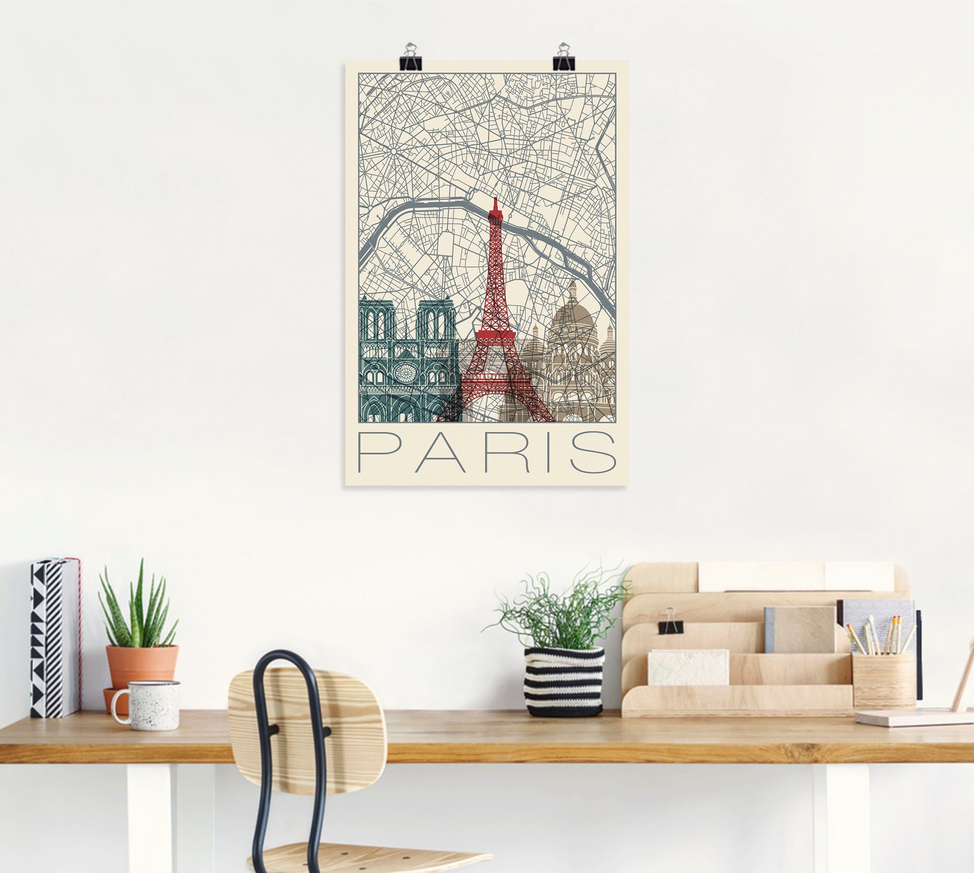 Artland Artprint Retro kaart Parijs Frankrijk en skyline als artprint van aluminium, artprint voor buiten, poster in diverse formaten