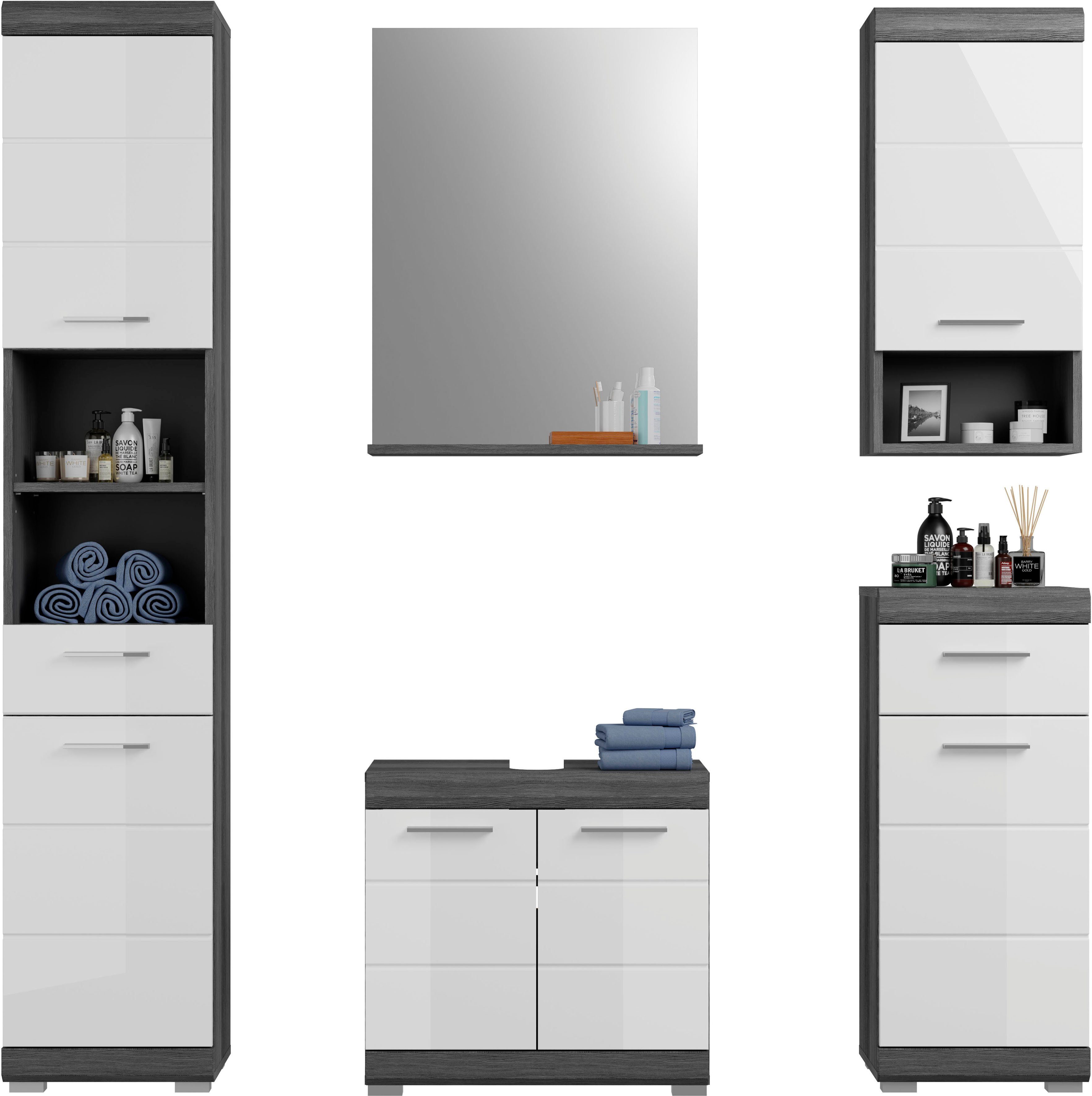inosign badkamerserie siena hoge kast, spiegel, wastafelkast, wandkast, onderkast (set, 5-delig) grijs
