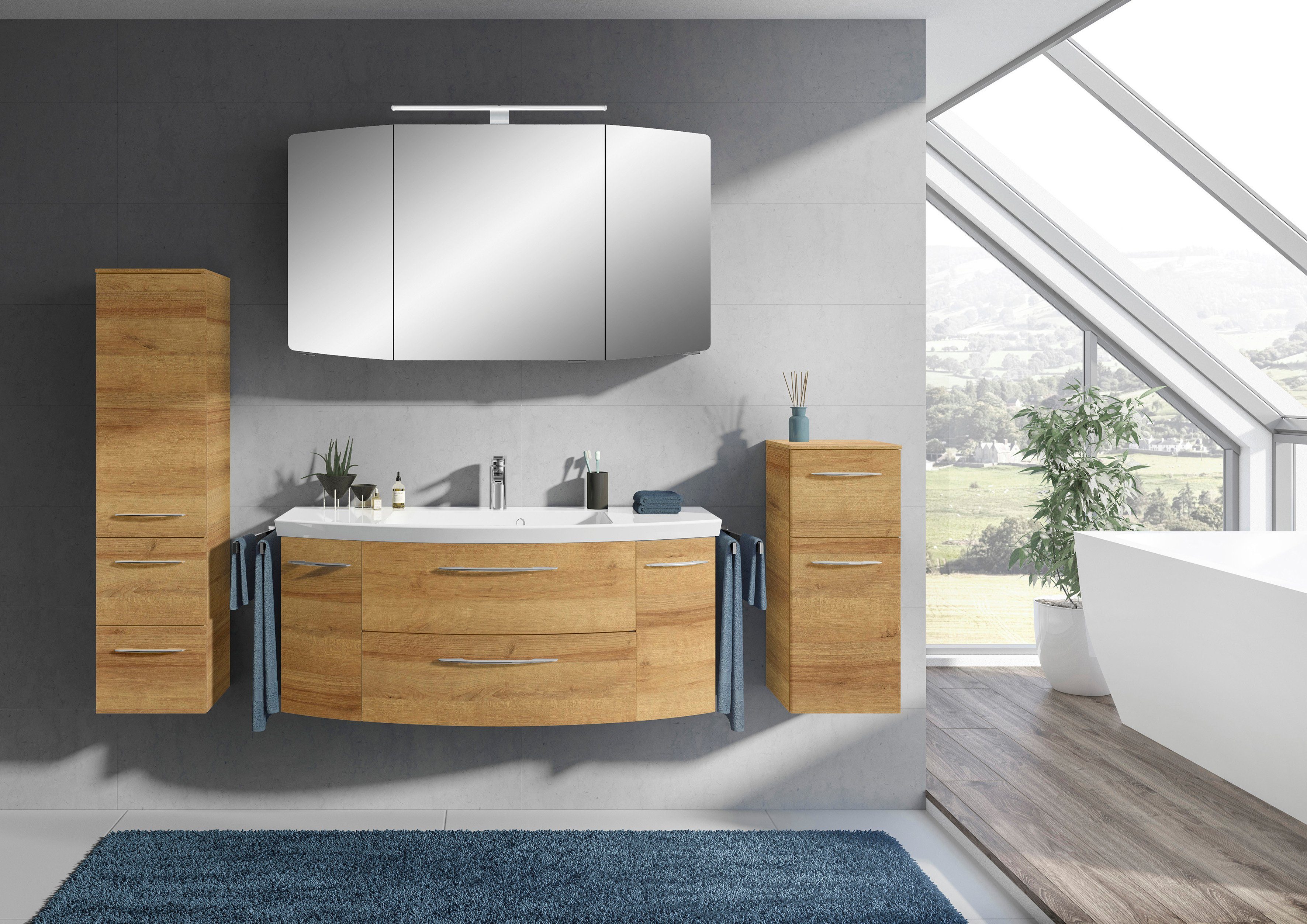 Saphir Badkamerserie Cassca sprint 4-delig mineraalmarmeren wastafel met led-spiegelkast (5-delig) badmeubelsets bruin
