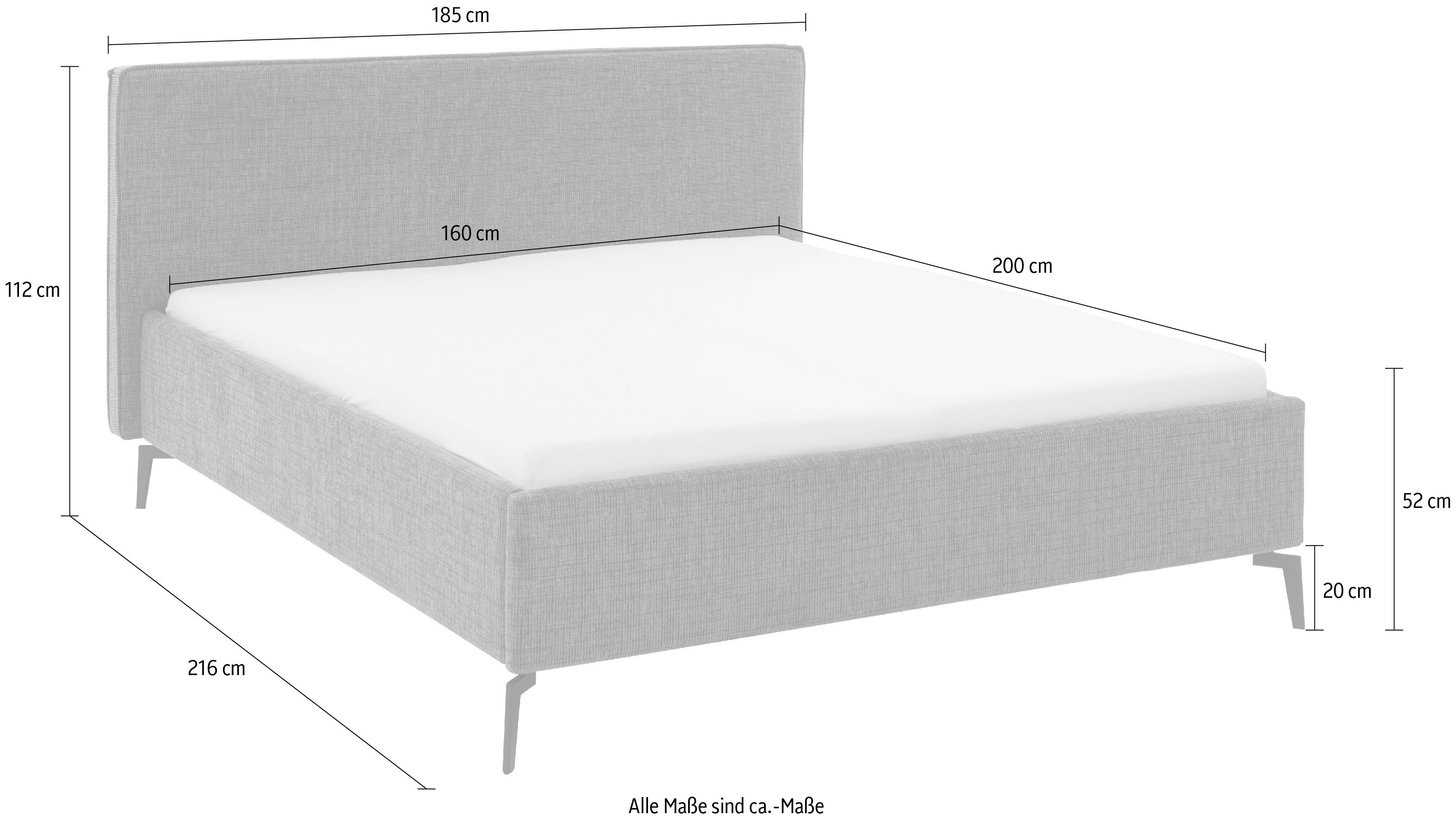 meise.möbel Gestoffeerd bed Riva met eikenkleurige houten poten, naar keuze met bedkist en lattenbodem
