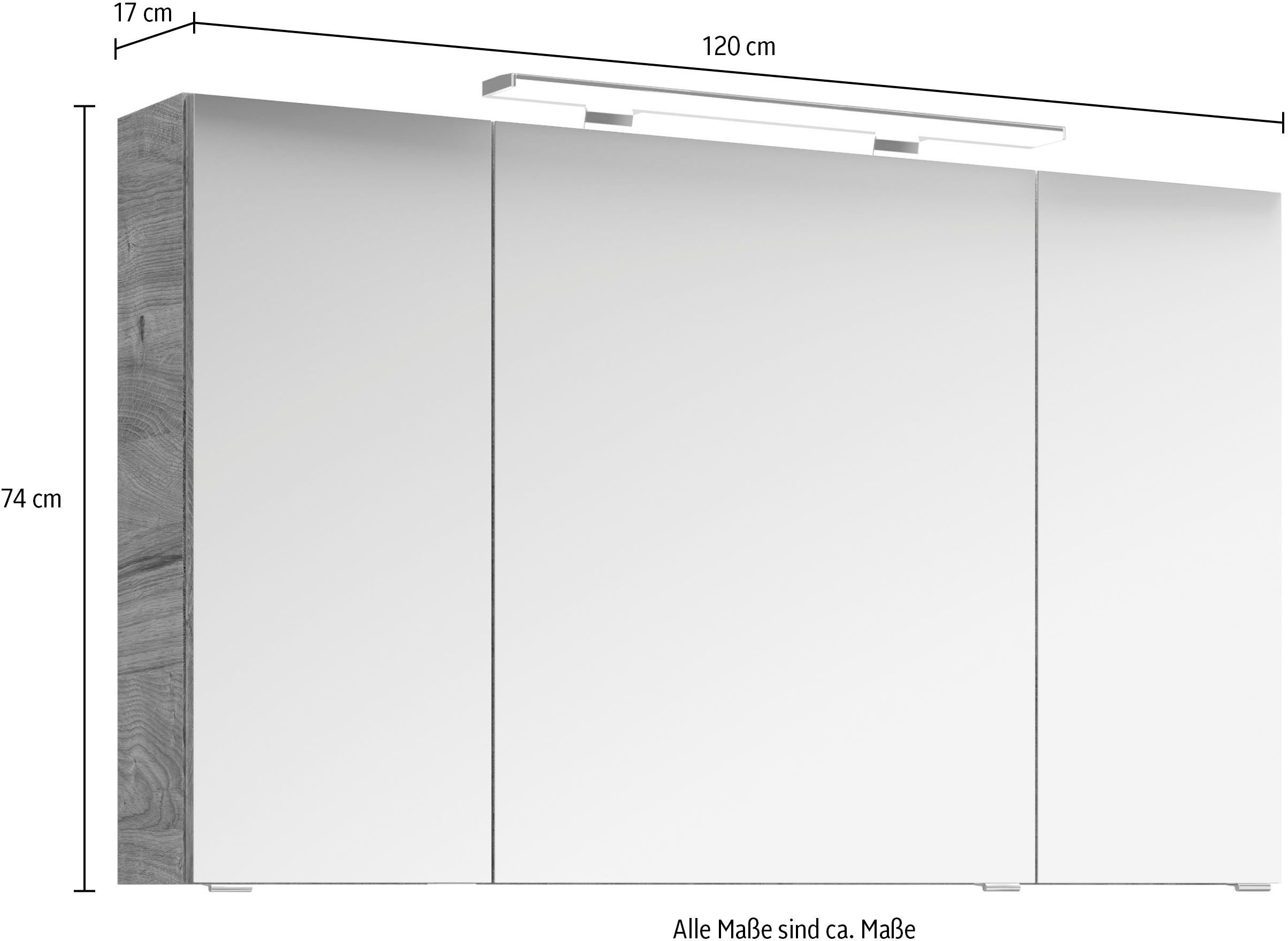 Saphir Badkamerspiegelkast Serie 4010 badkamer spiegelkast incl. LED-opbouwlamp Badkast 120 cm breed, 3 deuren, 6 glazen legplanken, incl. deurdemper