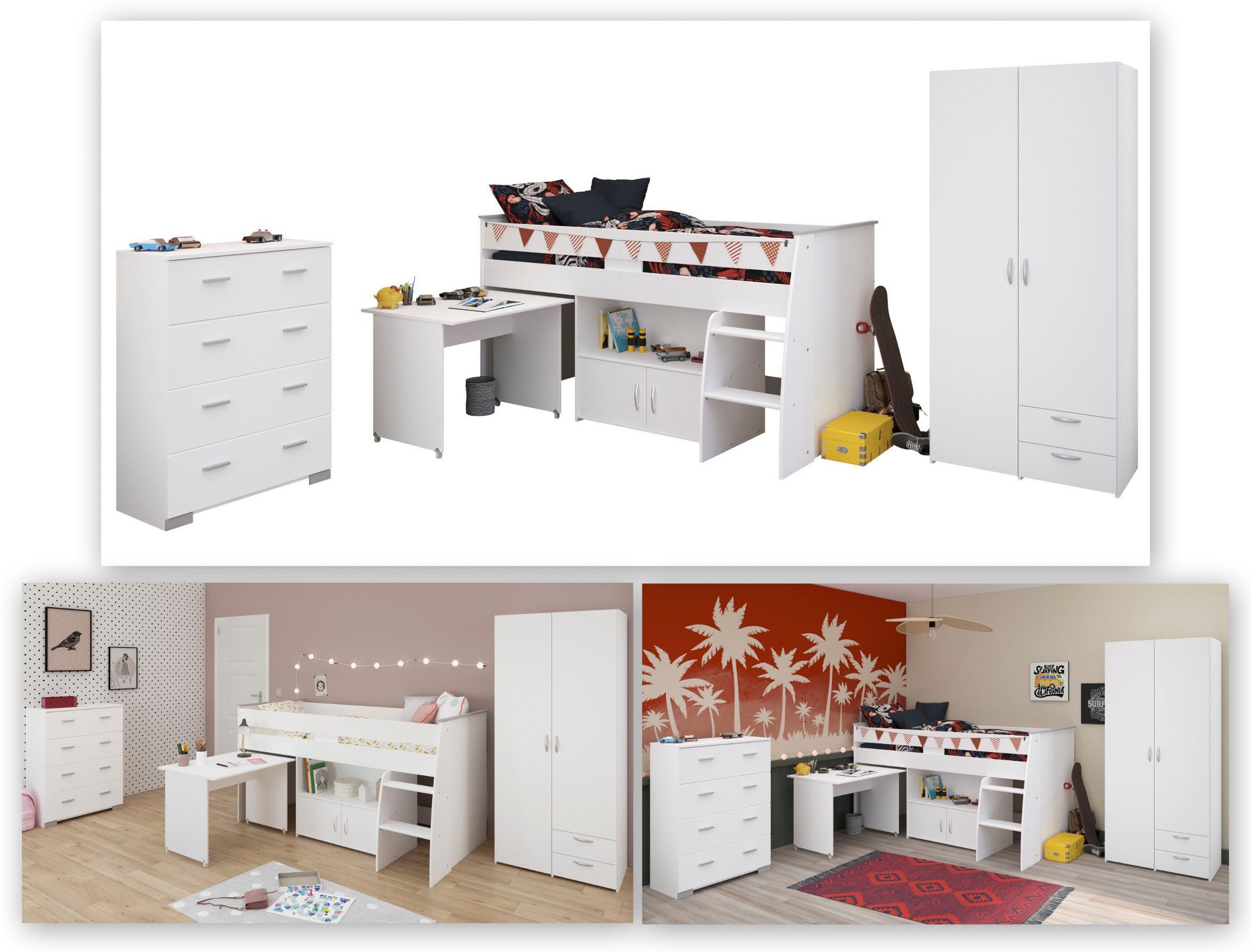 Parisot Tienerkamerset Parisot, Reverse 11 uittrekbaar bureau op wielen, veel opbergruimte, kledingkast (3-delig)