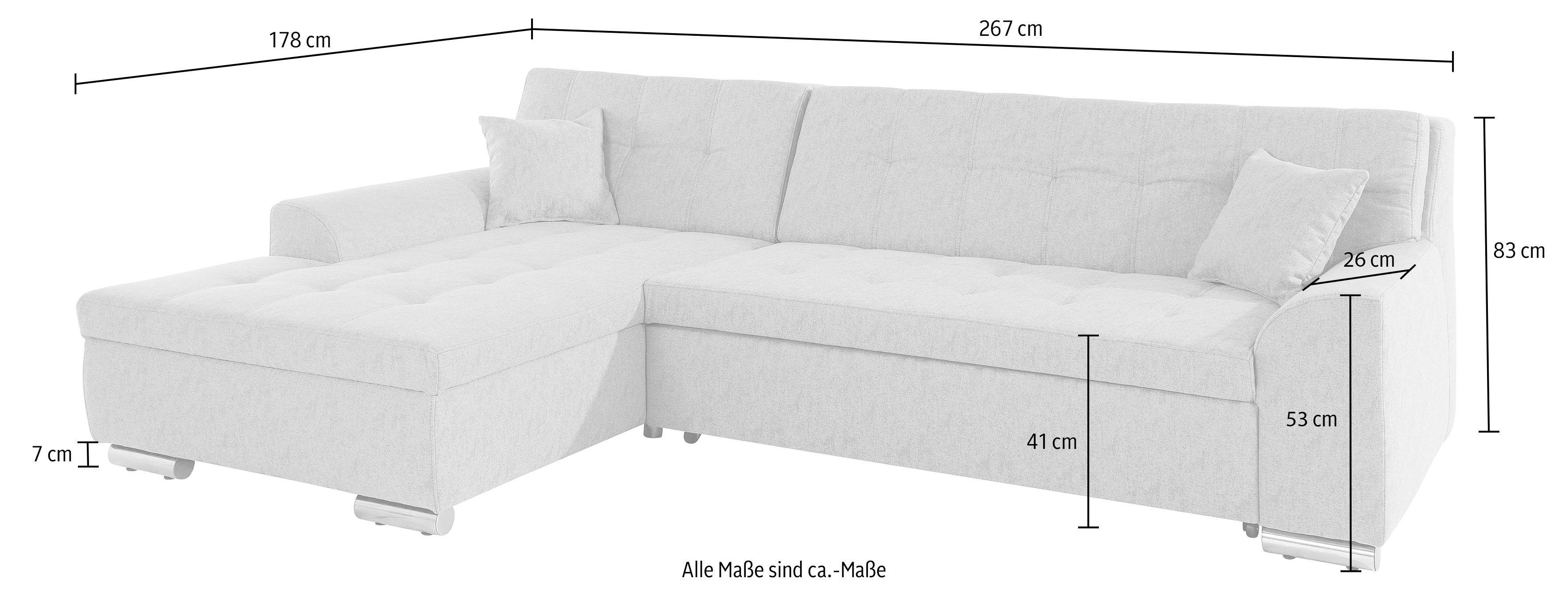 DOMO collection Hoekbank Aversa, moderne stiksels in de zitting en rug, gebogen armleuningen,