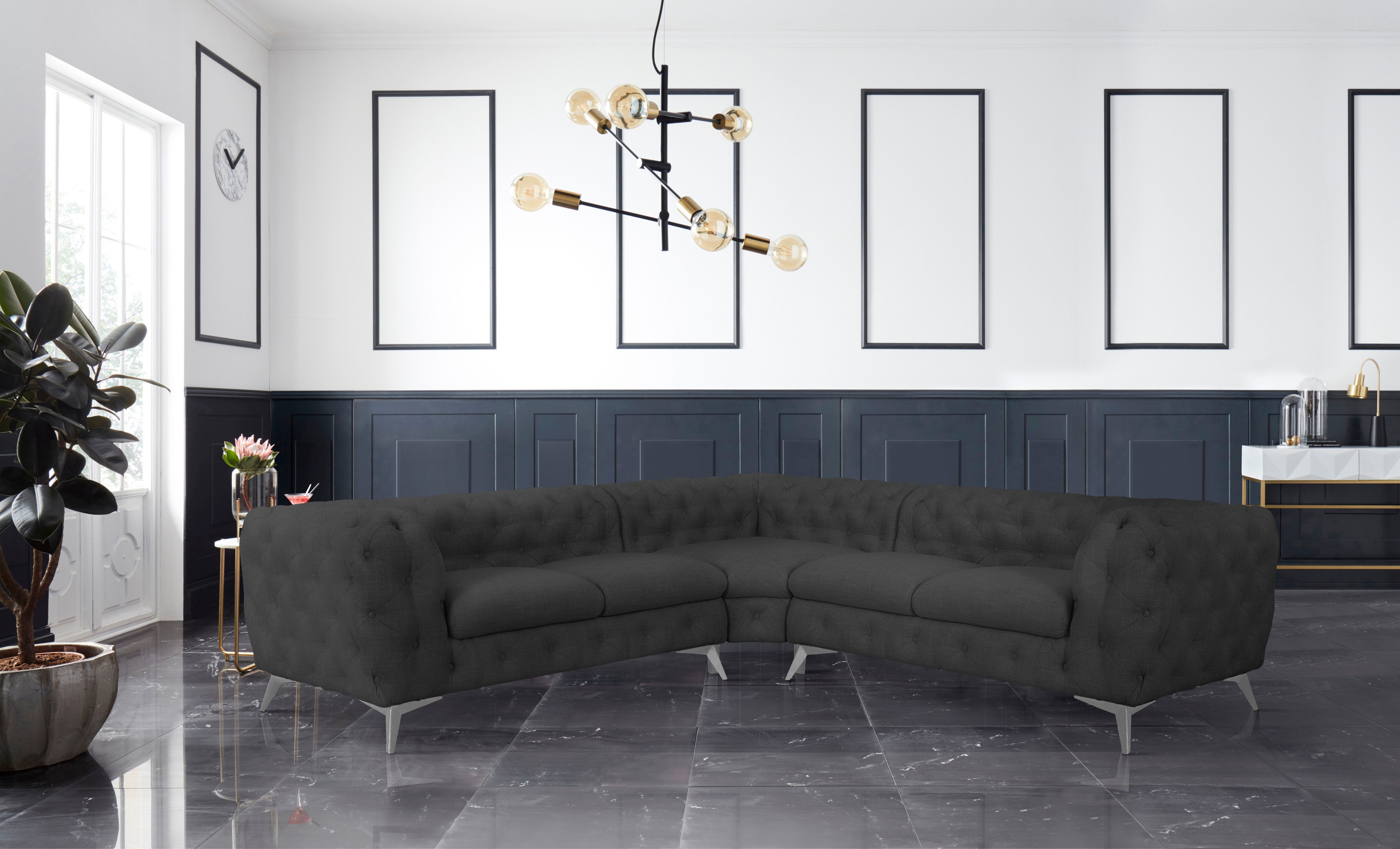 Leonique Chesterfield-bank Glynis L-vorm luxueuze capitonnage, moderne chesterfield look, kleur van de poten ter keuze