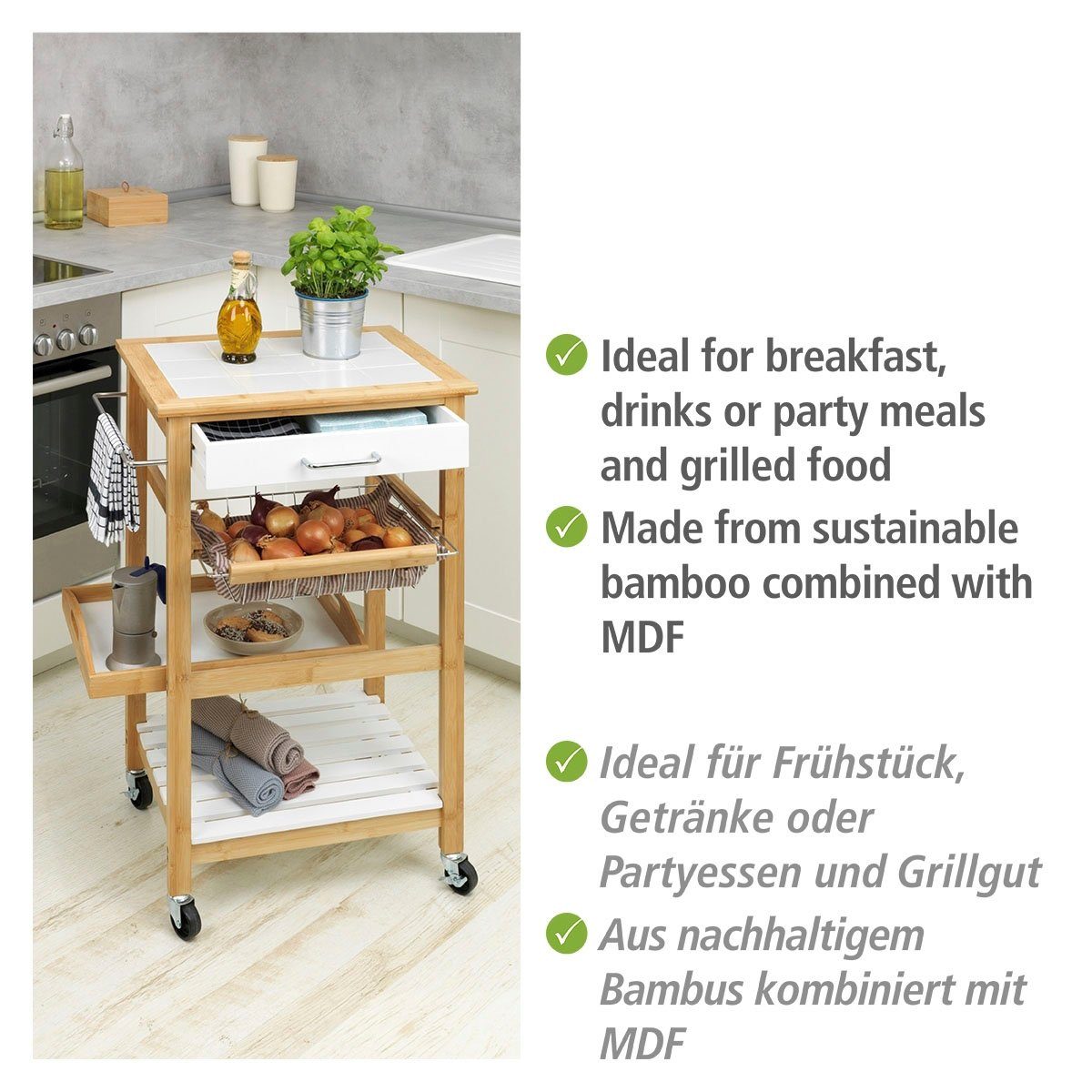 WENKO Pakketwagen Finja 3 plateaus, 1 ophangmogelijkheid, 1 mand, 1 lade