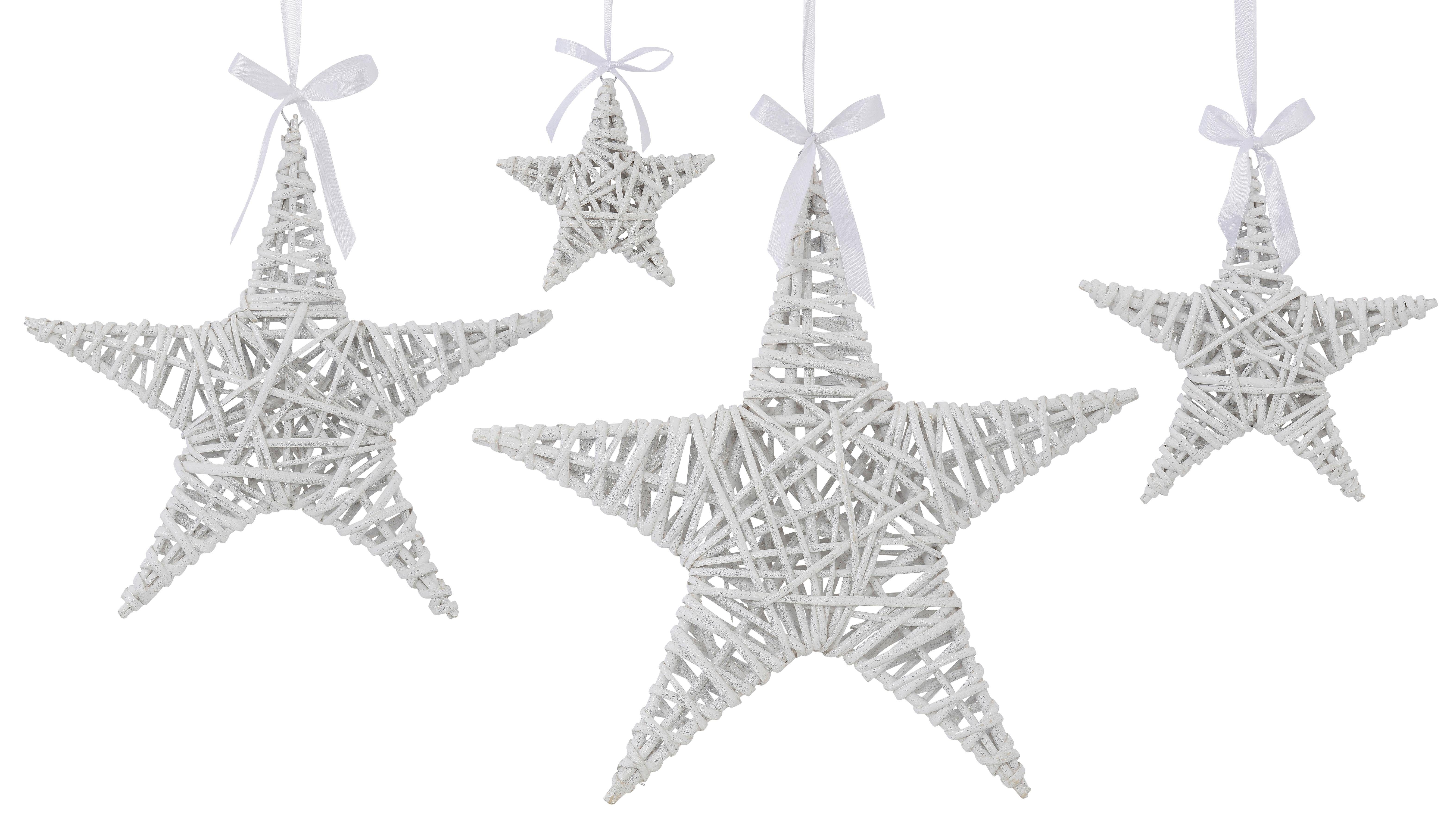Creativ deco Sierster Kerstster, kerstversiering met satijnband, met een beetje zilverkleurige glitters (4 stuks) kerststerren wit