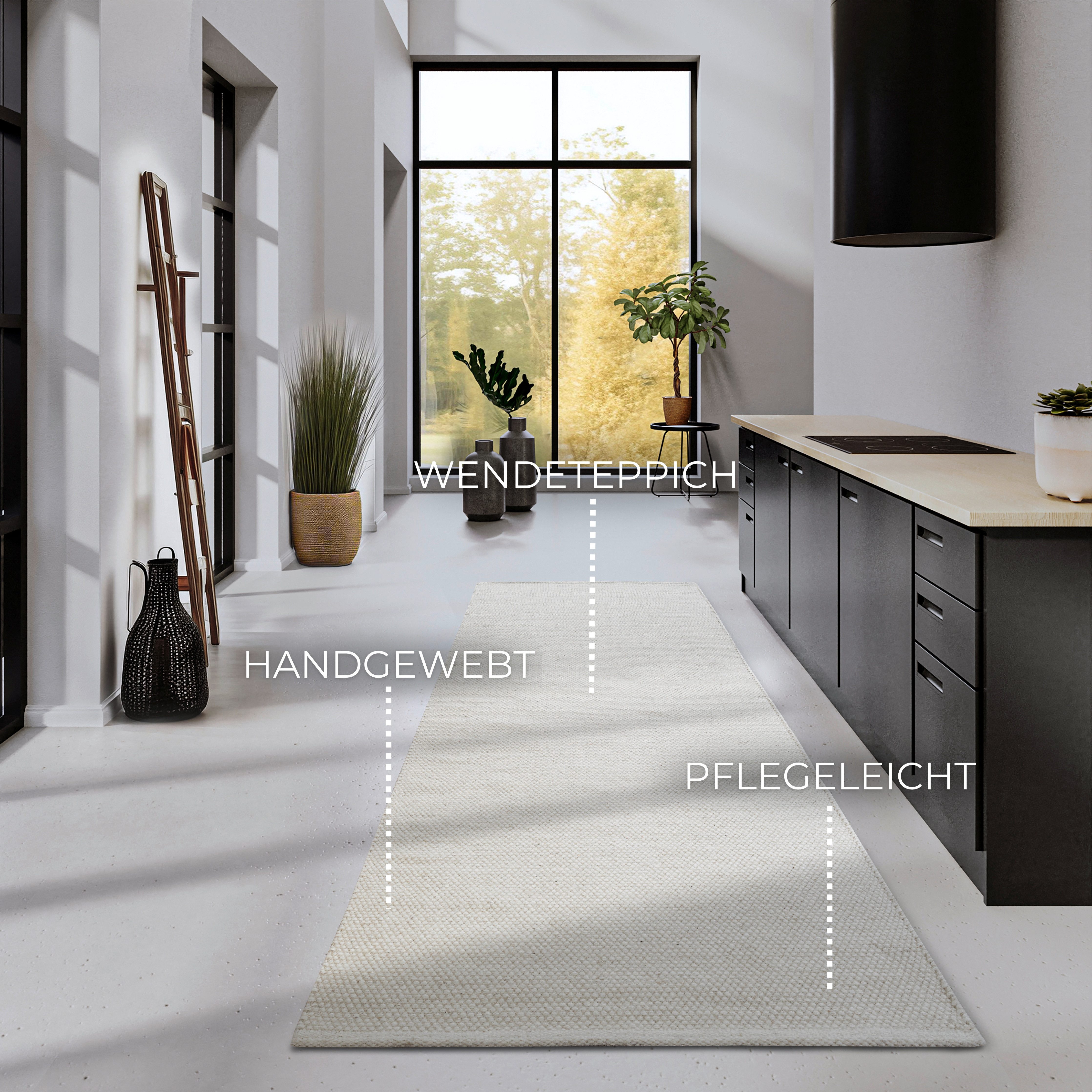 ELLE DECORATION Wollen kleed Pradesh Handgeweven, wol, natuur, loper, woonkamer, slaapkamer, Scandi