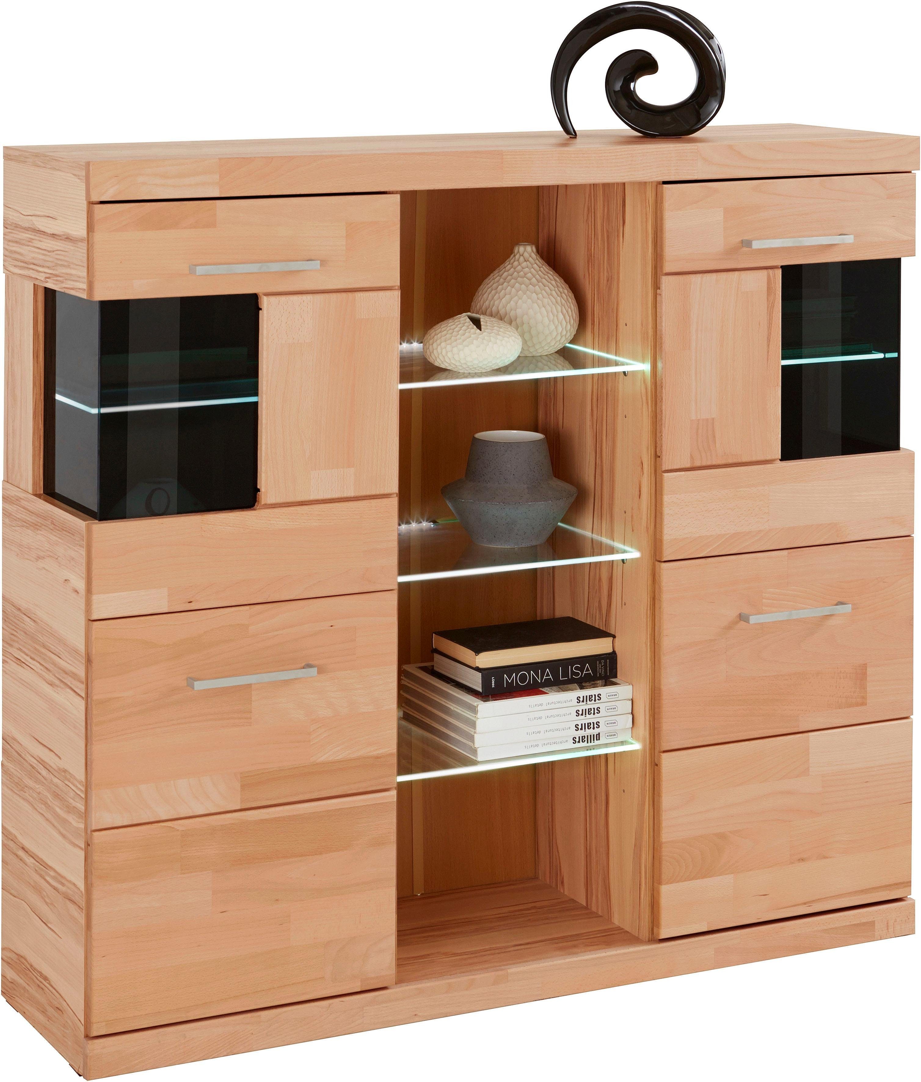 Home affaire Highboard Ribe, 120cm breed, 112cm hoog, bovenblad massief, 12 vakken