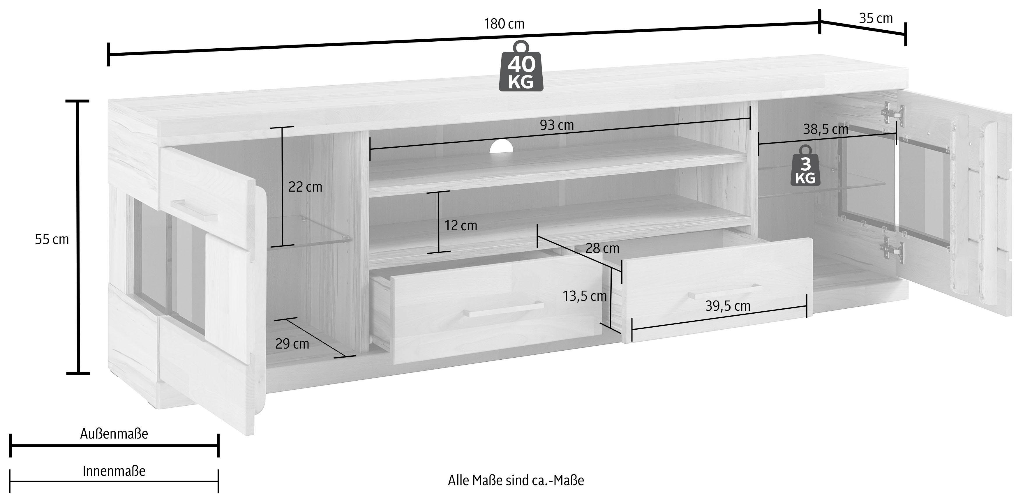 Home affaire Tv-meubel Ribe, 180cm breed, fronten massief hout, 6 vakken, kabeldoorvoer
