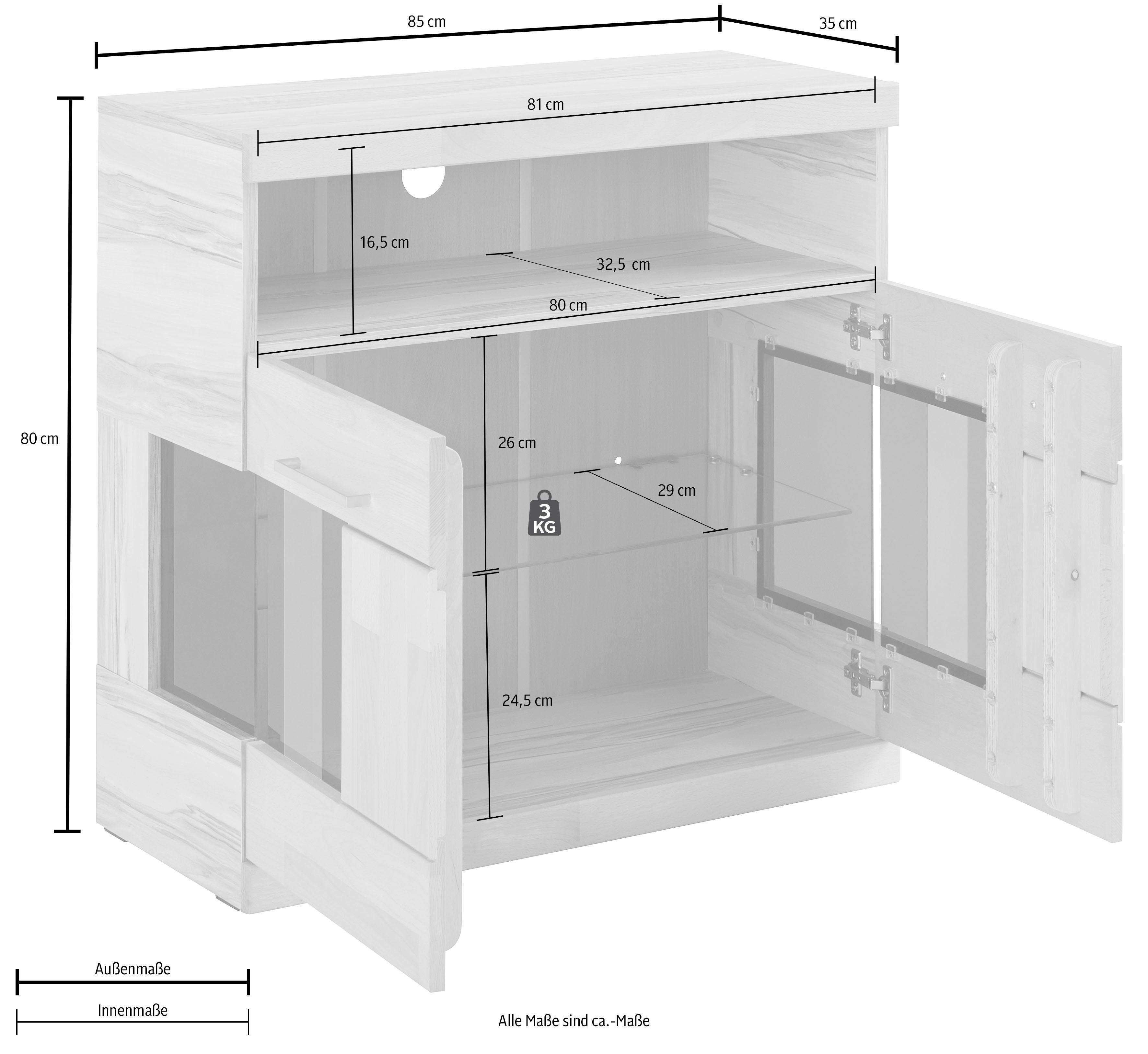 Home affaire Kast Ribe 85cm breed, 35 cm diep, fronten massief hout, 2 deuren met glazen inzet