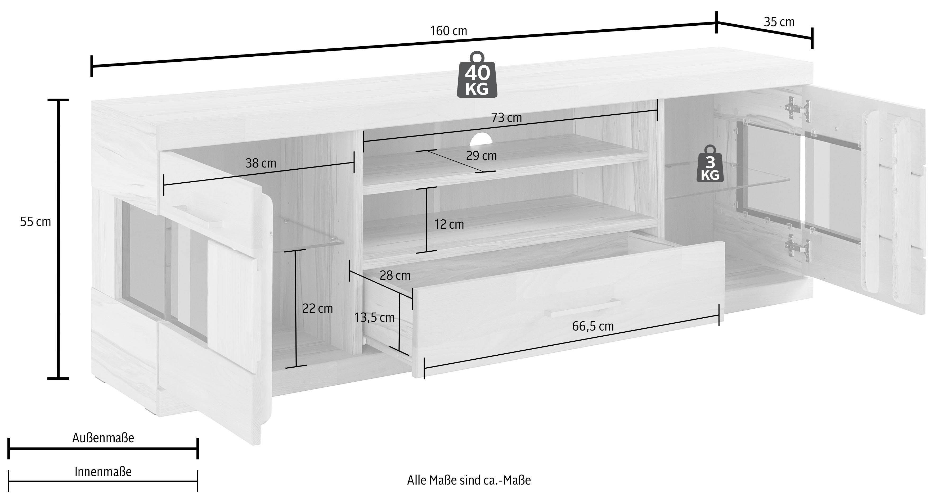 Home affaire Tv-meubel Ribe, 160cm breed, 55cm hoog Corpus houtmateriaal, glazen inzet van gehard glas, planken verstelbaar