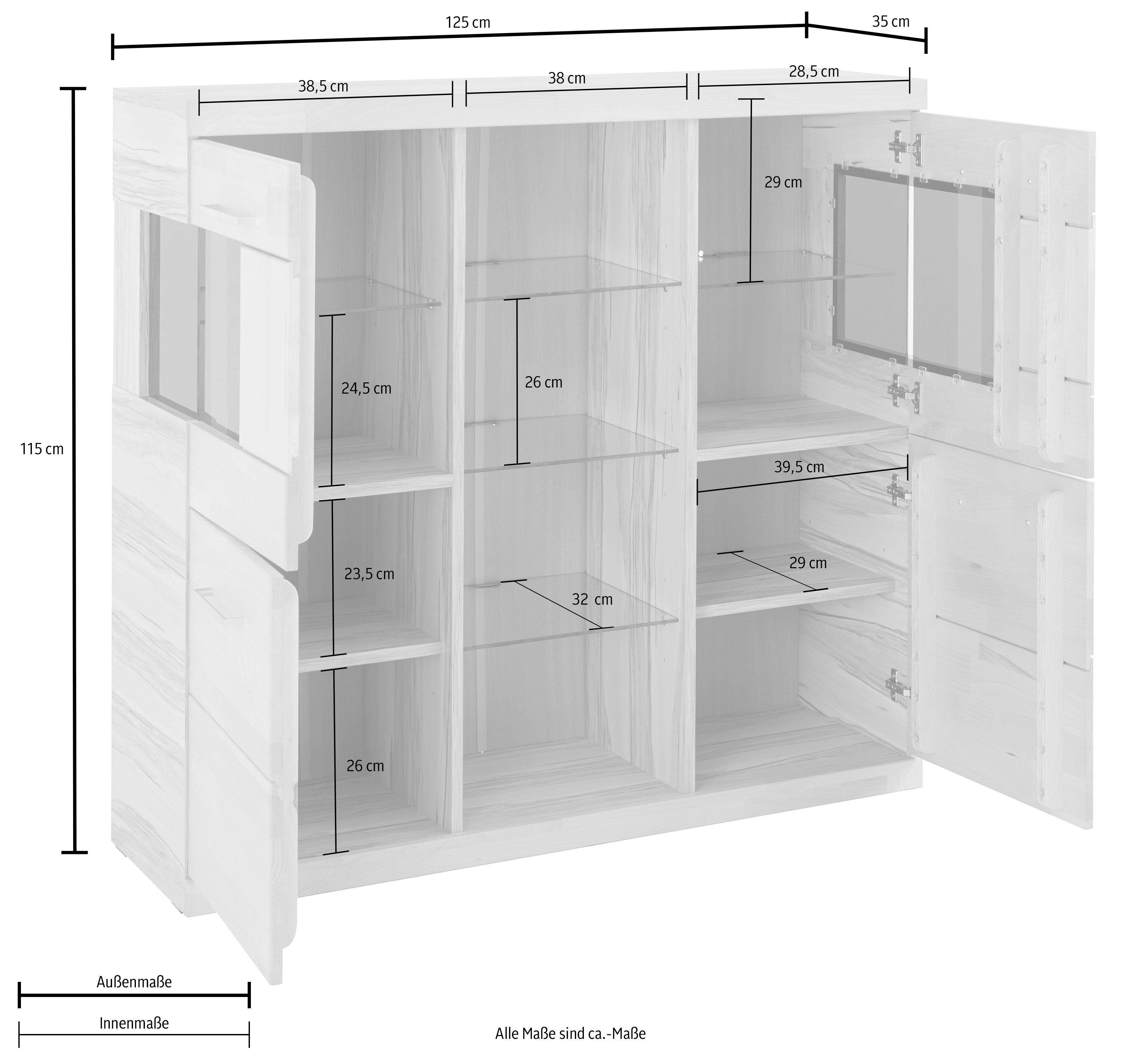 Home affaire Highboard Ribe, 120cm breed, 112cm hoog, bovenblad massief, 12 vakken