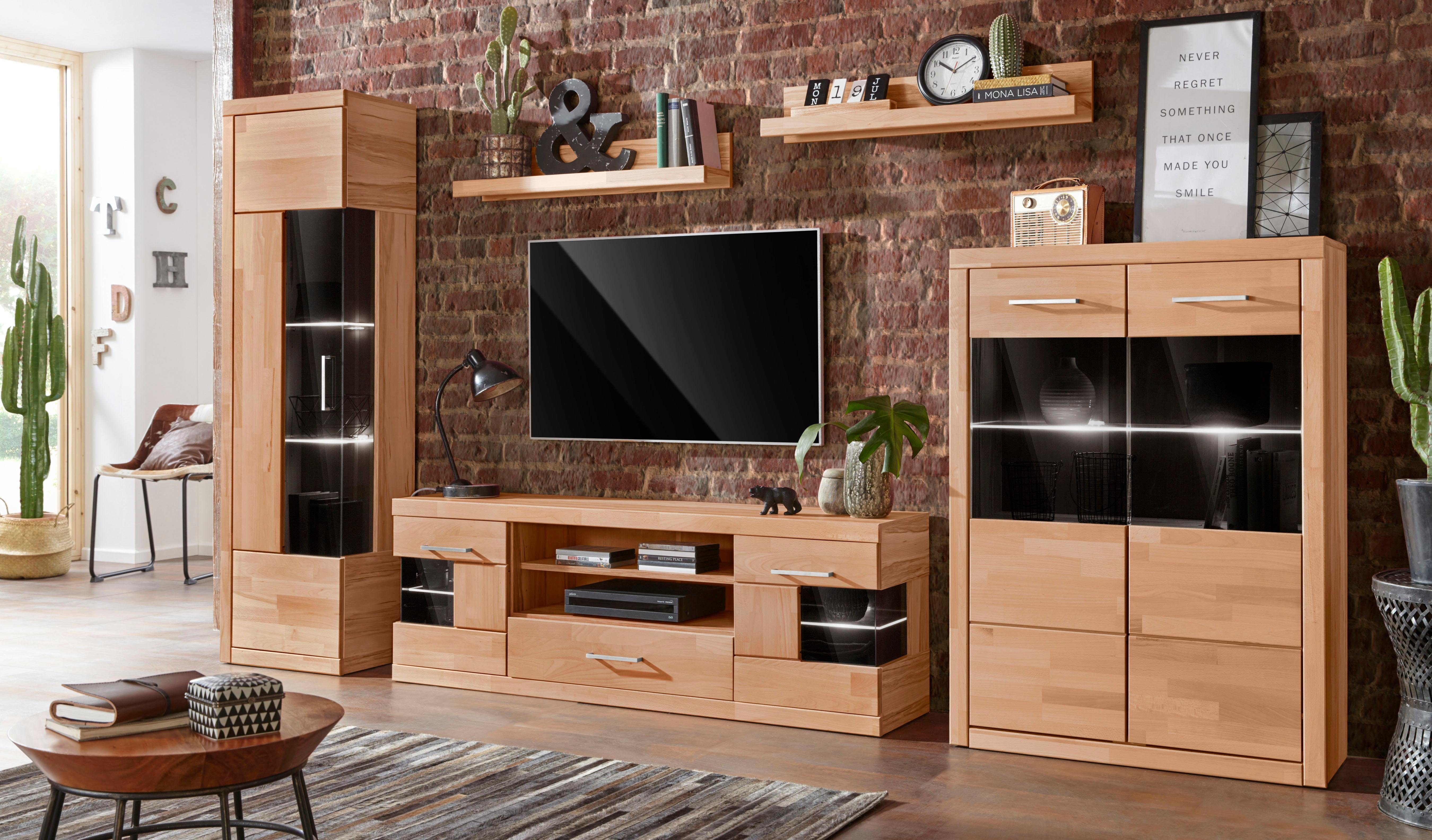 Home affaire Wandmeubel Ribe,Fronten Massivholz,Korpus Holzwekstoff,viel Stauraum gedeeltelijk massief hout (set, 5-delig) tv-wandmeubels beige