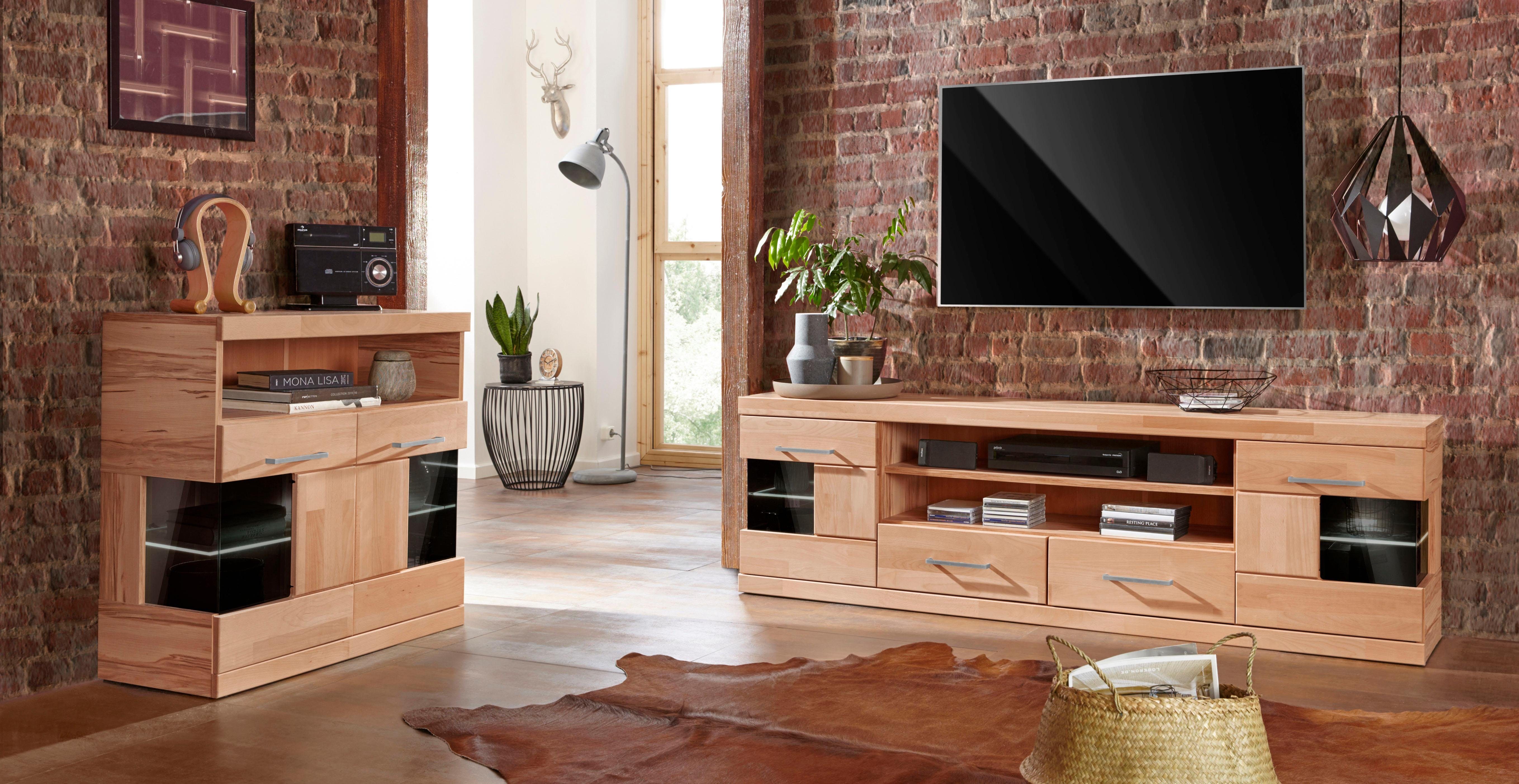 Home affaire Kast Ribe 85cm breed, 35 cm diep, fronten massief hout, 2 deuren met glazen inzet