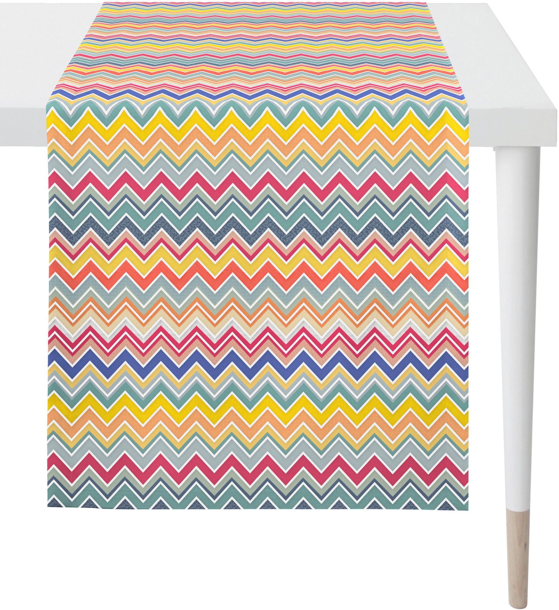 APELT Tafelloper 3902 OUTDOOR, zomerdecoratie, zomer Digitale print, zigzag ontwerp in mooie kleuren, met vlekbescherming (1 stuk) tafelkleden