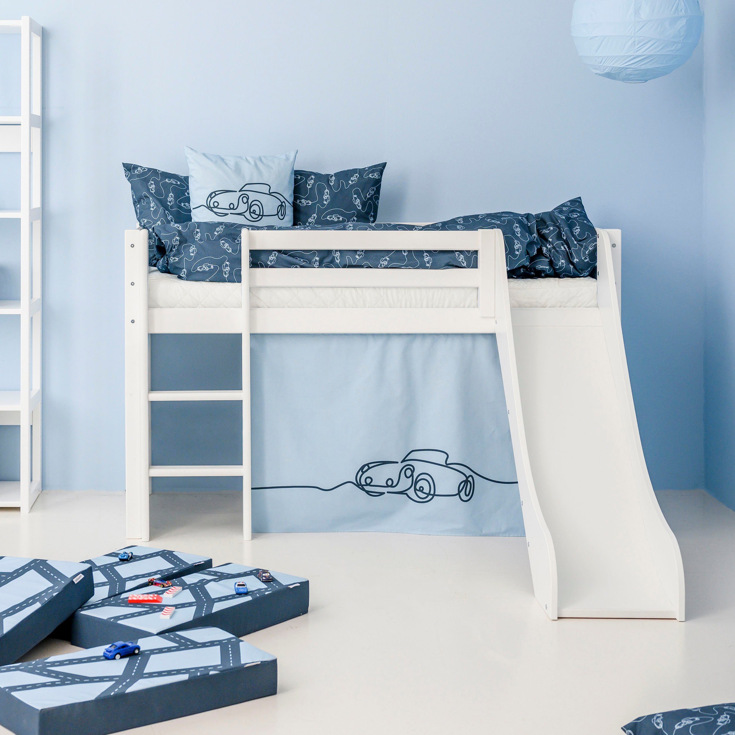 Hoppekids Hoogslaper "Cars" Glijbaan & gordijn blauw en veel keus hoogslapers blauw