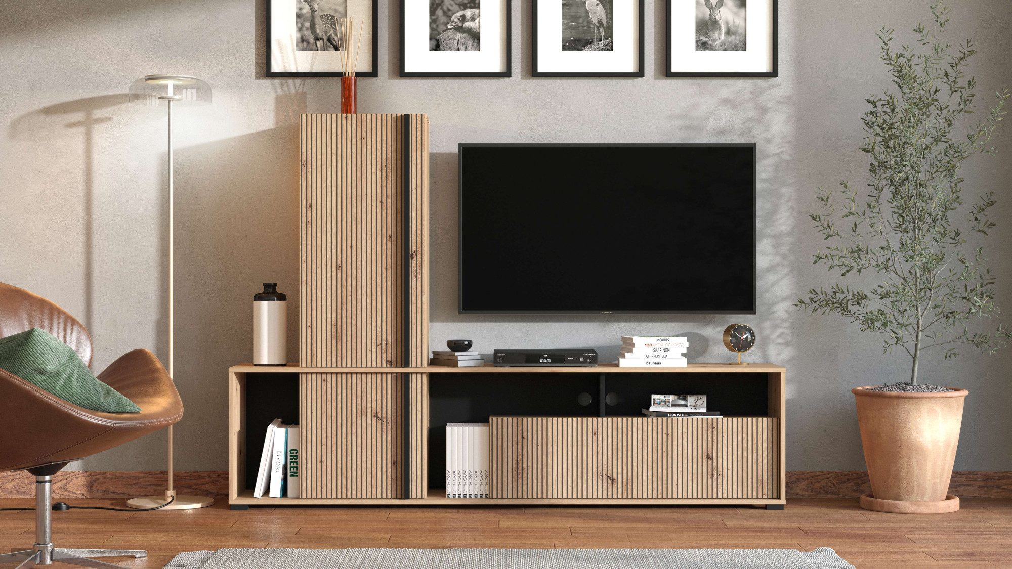 INOSIGN Wandmeubel Chania, 195 cm, incl. TV-meubel en Highboard Trendkleuren, met decoratieve zwarte strepen, in artisan eiken (complete set)