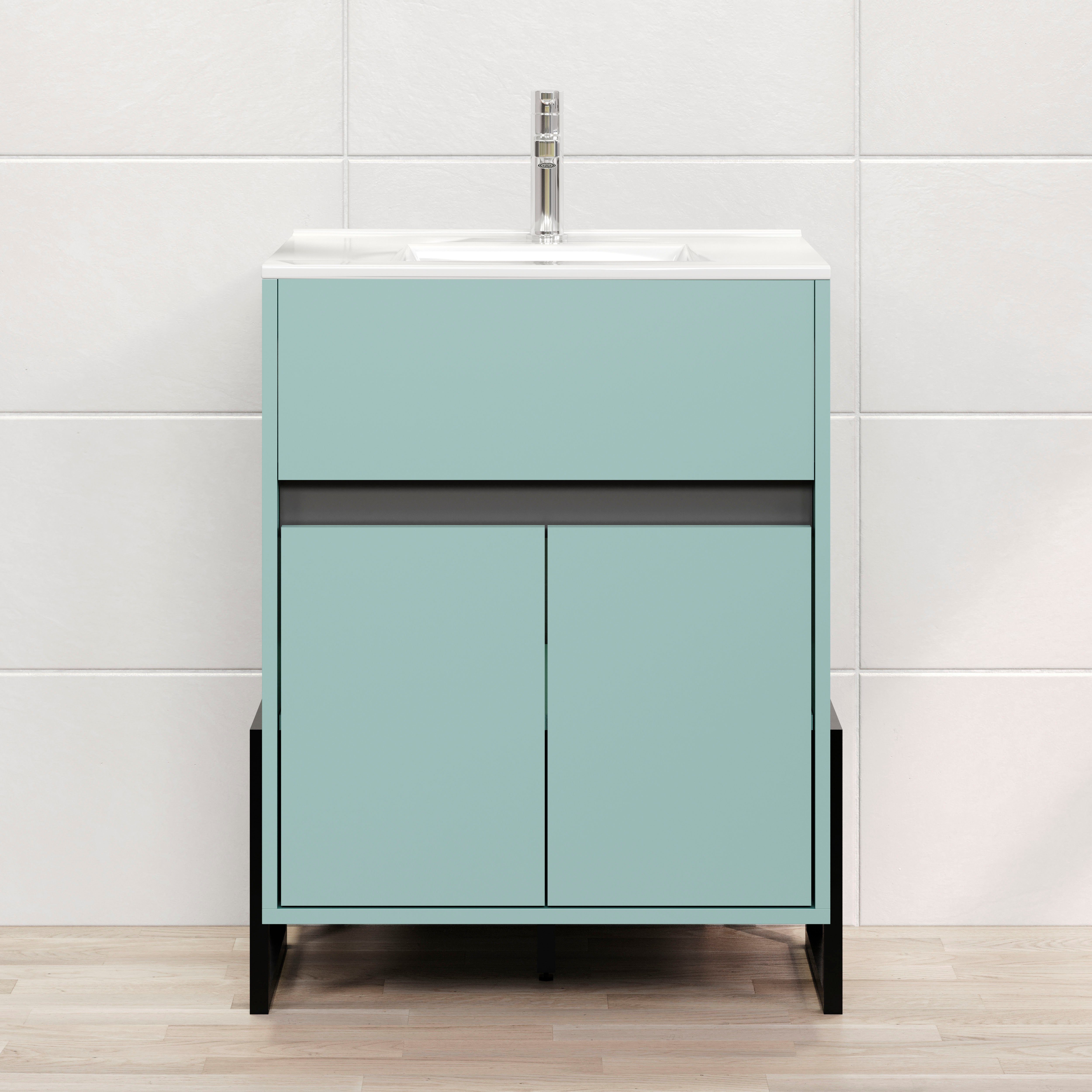 welltime Wastafelonderkast Malcesine Wastafel met metalen frame in turquoise - Met 60 cm witte wastafel