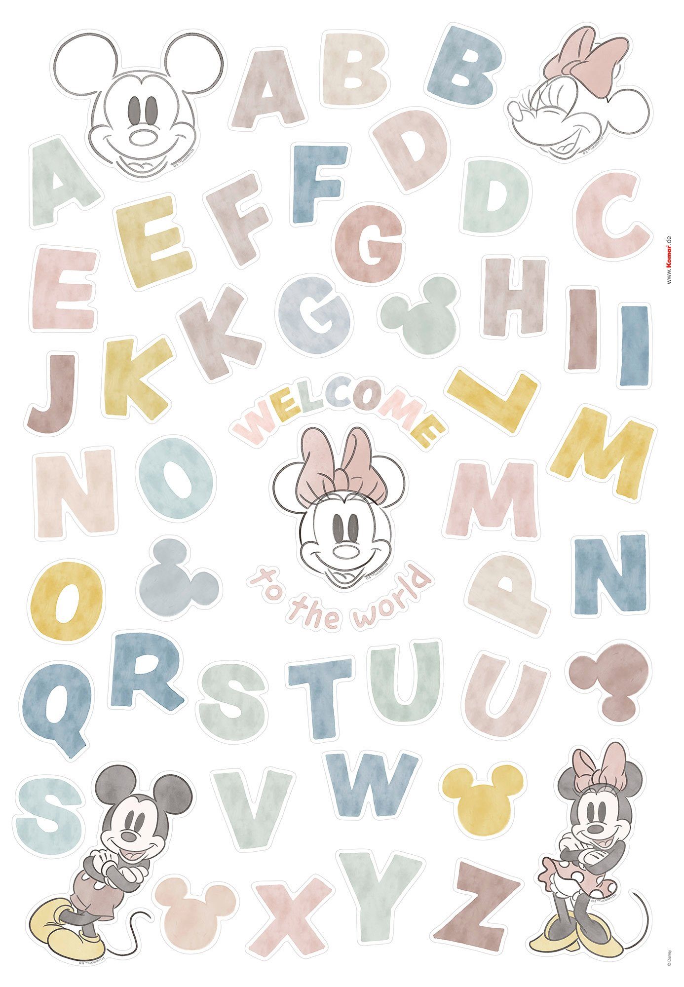komar wandfolie mickey alphabet 50x70 cm (breedte x hoogte), zelfklevende wandtattoo (56-delig) multicolor