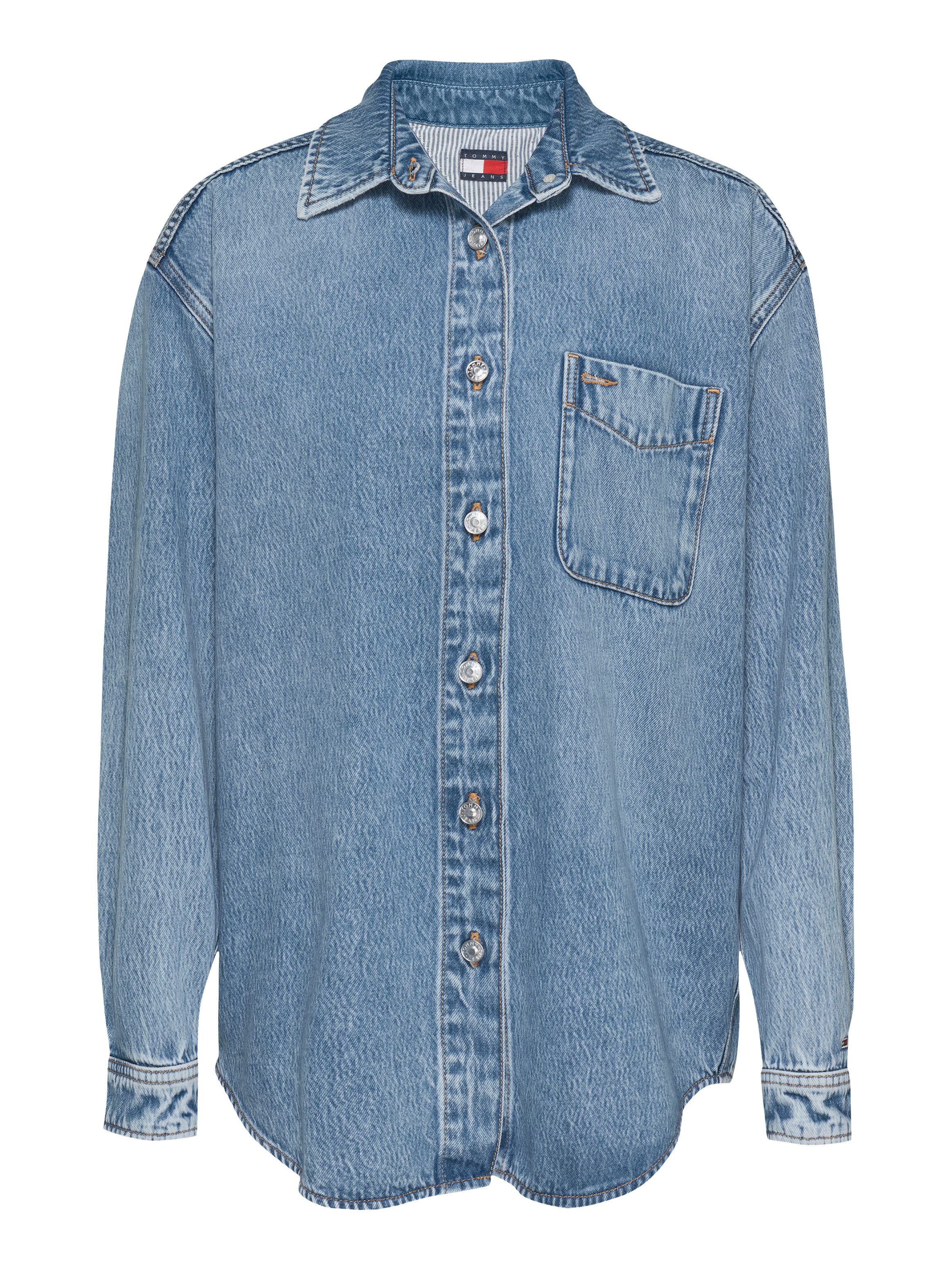 TOMMY JEANS Overhemdblouse RELAXED LS SHIRT BI6011 met borstzak, in blauwe wassing overshirt spijkerjas