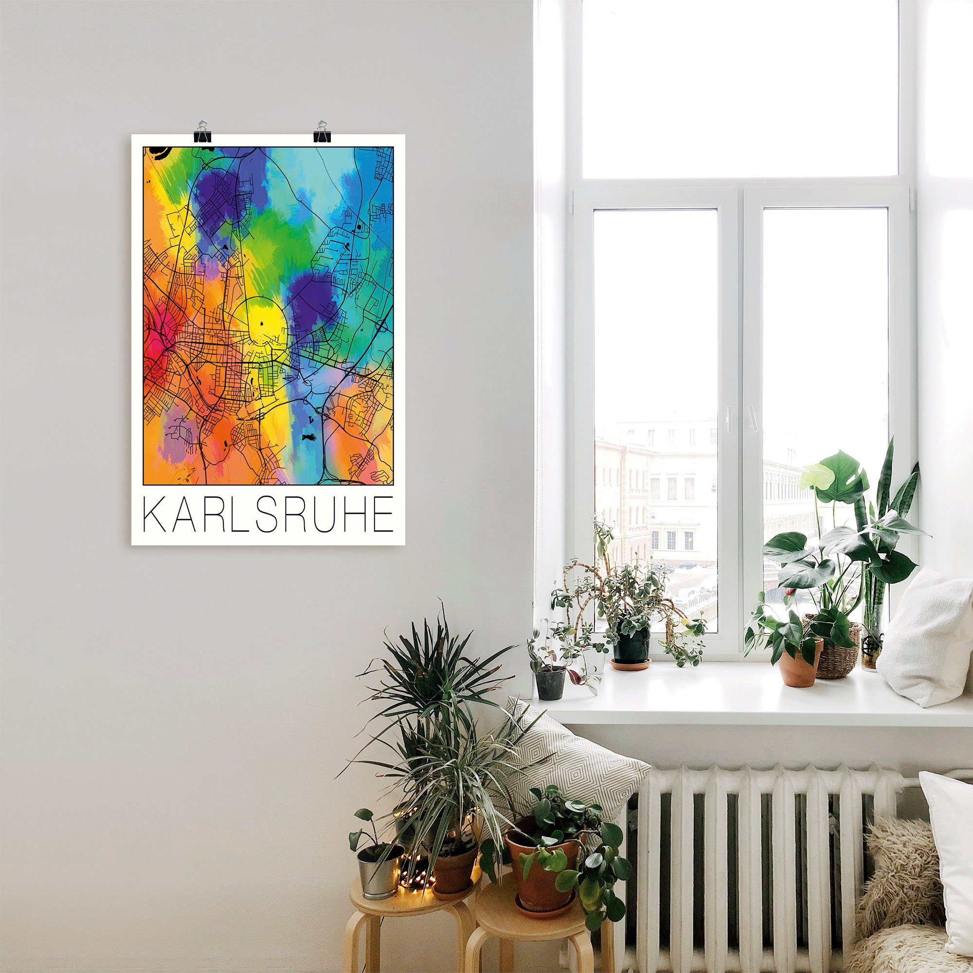 Artland Artprint Retro kaart Karlsruhe aquarel als artprint van aluminium, artprint voor buiten, poster in diverse formaten