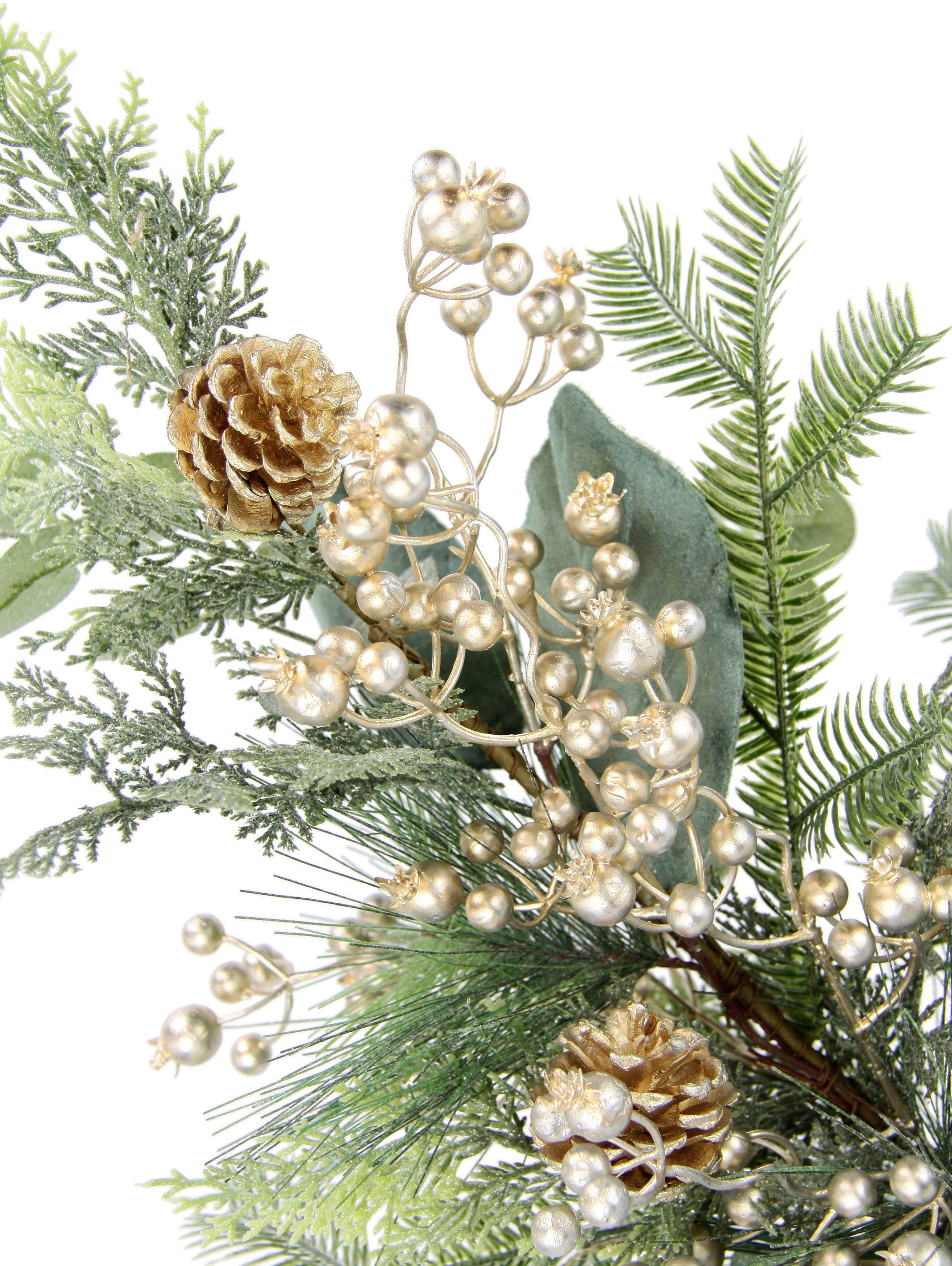 I.GE.A. Winterse kunstplant Kerstarrangement in pot van jute, kerstdecoratie met bessen, eucalyptus takken, coniferen en kegels (1 stuk)