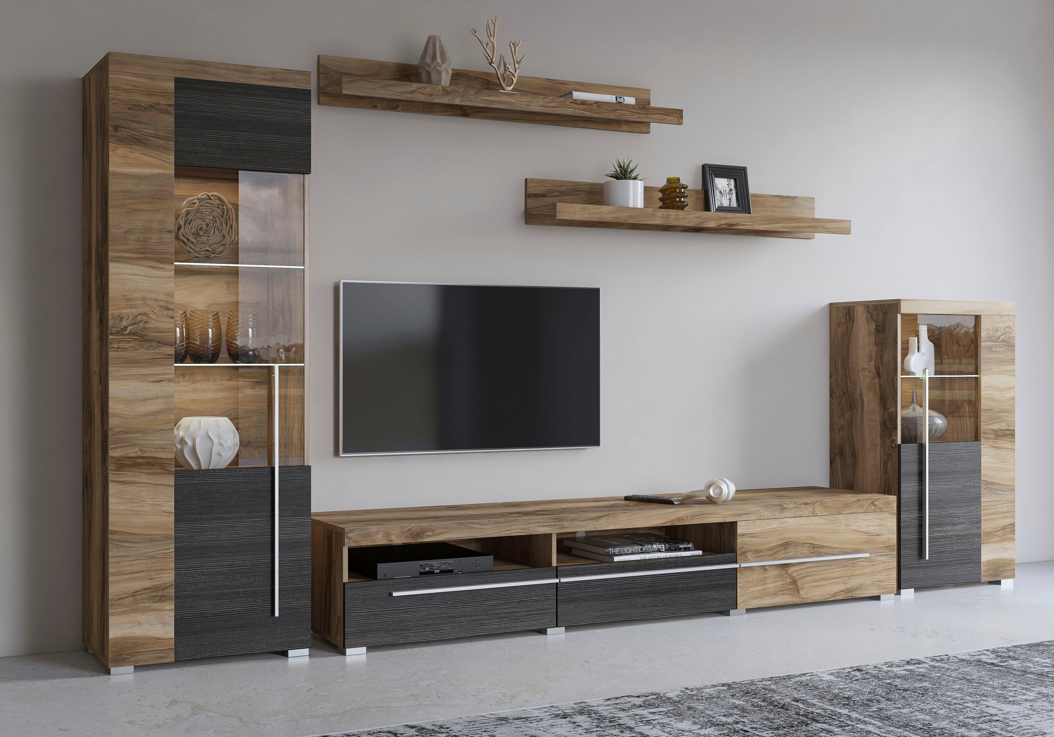 INOSIGN Wandmeubel Roger, breedte 270 cm modern mediawandmeubel zonder verlichting Aanbouwwand (set, 5-st) veel opbergruimte, vitrines met glazen deur