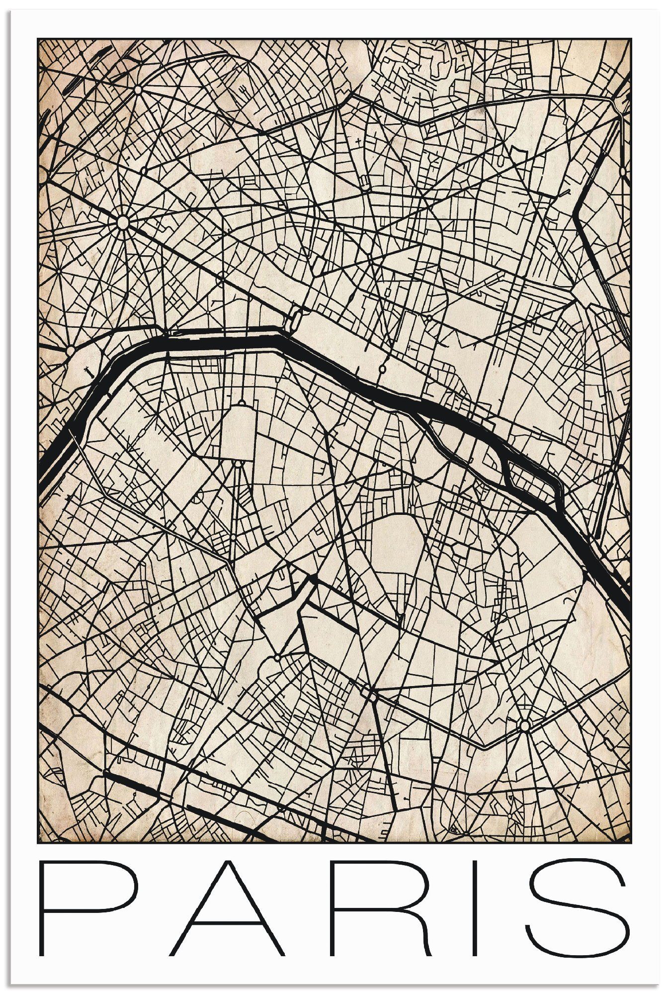 Artland Artprint Retro kaart Parijs Frankeich Grunge in vele afmetingen & productsoorten - artprint van aluminium / artprint voor buiten, artprint op linnen, poster, muursticker /